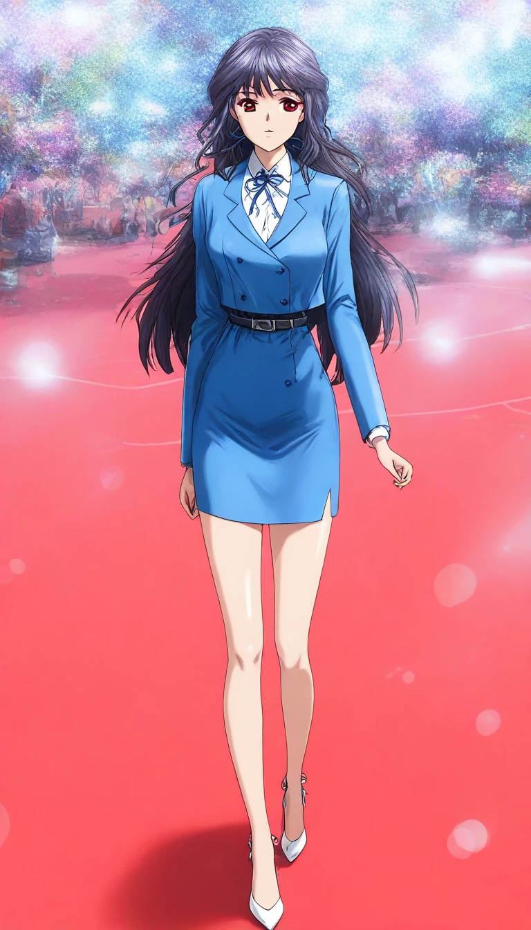  long hair, 茶colorの髪, bangs、ribbon、 red eyes, full body style that reflects your whole body、Normal milk、 narrow waist 、Bare legs、 in a suit、 blue jacket , collared shirt 、 white shirt、 blue tie,belt, blue mini pencil skirt, black tights、White pumps、 official art, Extremely Detailed CG Unity 8K Wallpaper , Full Photo, colorful , bright _ Front_face_光ing,  shiny skin, ( masterpiece:1.0),(Highest_quality:1.0), 超 high definition ,4K, super detailed photo shoot, 8k,  high definition ,  high definition ,  absurd :1.2,  Kodak Portra 400,  film grain ,  blurry background, Bokeh:1.2,  lens flare, ( vibrant_ color:1.2),Professional photography,Anime Images、