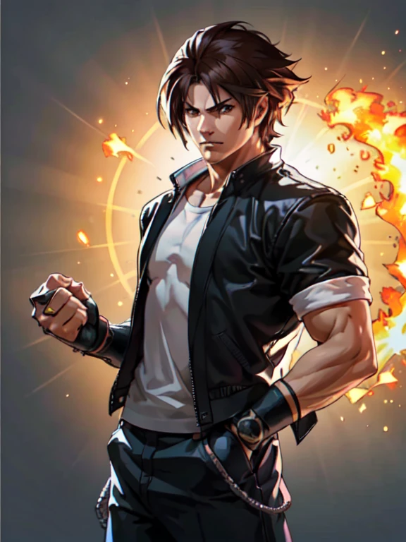 Masterpiece, highest quality, ultra realistic, intricate details, 8k, 4k, professional illustration of kyo kusanagi,, (((perfect hands))), serious look,expression, fire vortex