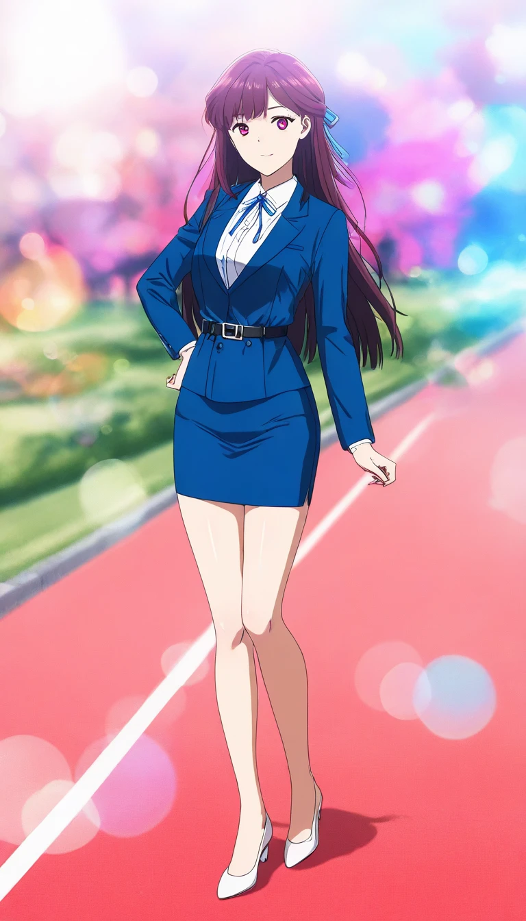  long hair, 茶colorの髪, bangs、ribbon、 red eyes, full body style that reflects your whole body、Normal milk、 narrow waist 、Bare legs、 in a suit、 blue jacket , collared shirt 、 white shirt、 blue tie,belt, blue mini pencil skirt, black tights、White pumps、 official art, Extremely Detailed CG Unity 8K Wallpaper , Full Photo, colorful , bright _ Front_face_光ing,  shiny skin, ( masterpiece:1.0),(Highest_quality:1.0), 超 high definition ,4K, super detailed photo shoot, 8k,  high definition ,  high definition ,  absurd :1.2,  Kodak Portra 400,  film grain ,  blurry background, Bokeh:1.2,  lens flare, ( vibrant_ color:1.2),Professional photography,Anime Images、