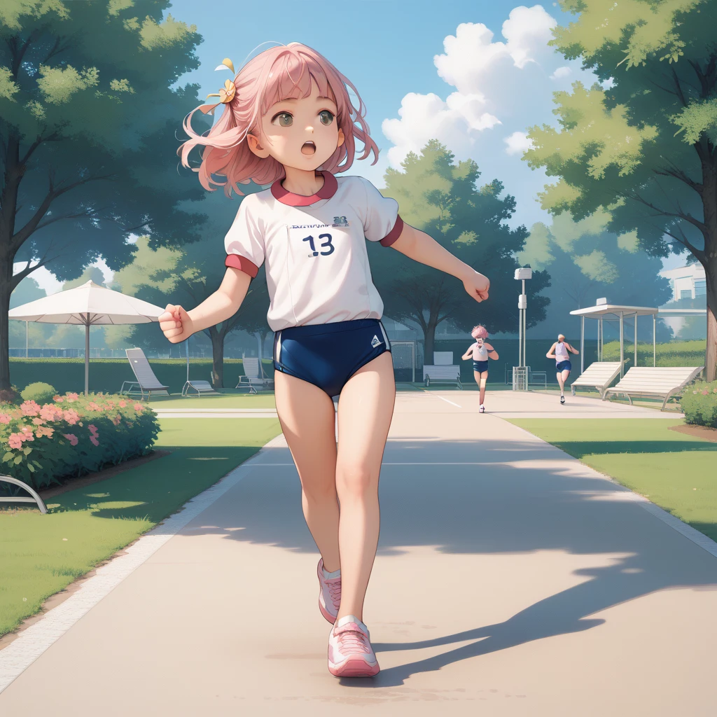 a young girl exercising in the park, 1girl, young, pink hair, gym uniform, buruma, park, outdoors, running, exercise, best quality, masterpiece,