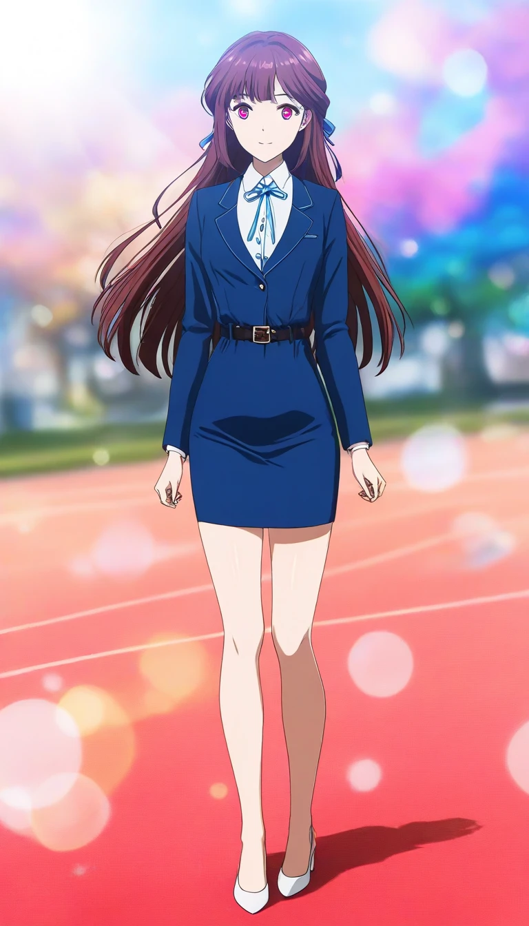  long hair, 茶colorの髪, bangs、ribbon、 red eyes, full body style that reflects your whole body、Normal milk、 narrow waist 、Bare legs、 in a suit、 blue jacket , collared shirt 、 white shirt、 blue tie,belt, blue mini pencil skirt, black tights、White pumps、 official art, Extremely Detailed CG Unity 8K Wallpaper , Full Photo, colorful , bright _ Front_face_光ing,  shiny skin, ( masterpiece:1.0),(Highest_quality:1.0), 超 high definition ,4K, super detailed photo shoot, 8k,  high definition ,  high definition ,  absurd :1.2,  Kodak Portra 400,  film grain ,  blurry background, Bokeh:1.2,  lens flare, ( vibrant_ color:1.2),Professional photography,Anime Images、