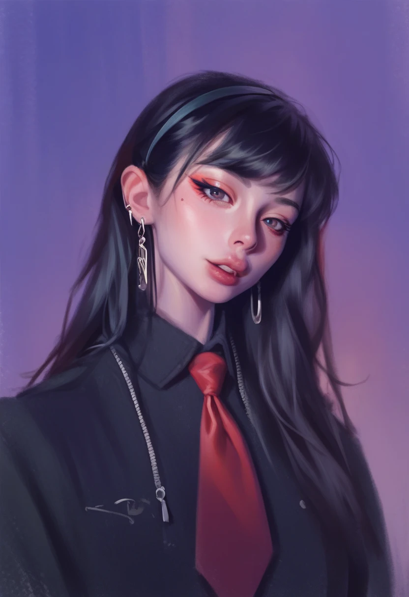 The character presents a striking and stylized design. she has black hair, with some loose locks that fall over her face, and wears a pair of large ears with red details. Her gaze is expressive, with one of her eyes highlighted in an intense red tone.

She is dressed in a neutral colored shirt, with a red tie and voluminous sleeves. The style of the clothing combines traditional elements with modern touches, and the predominant colors are black and red, giving a bold and distinctive look.

The composition of the image suggests a more abstract background, which reflects a dynamic and perhaps even supernatural feeling, complementing the intriguing aura of the character.  She has a confident posture , which suggests a strong and charismatic personality.