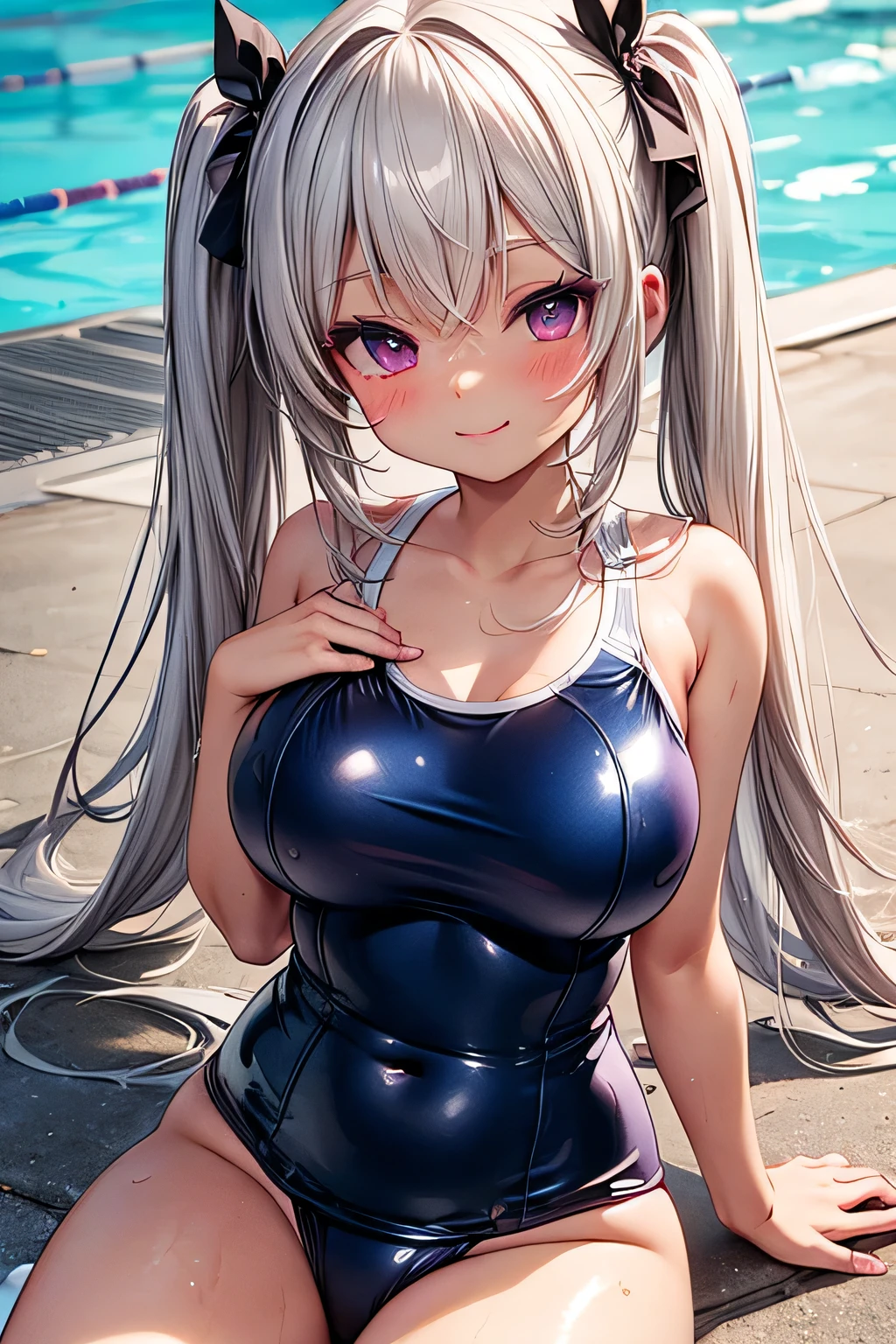 Dark Skin,((Gray Hair)), Purple Eye, twin tails,(((latex blue school swimsuit))),  pool side,sit, Red-faced smile,  heart hair accessories , Big Breasts ,  open chest , Golden embroidery 