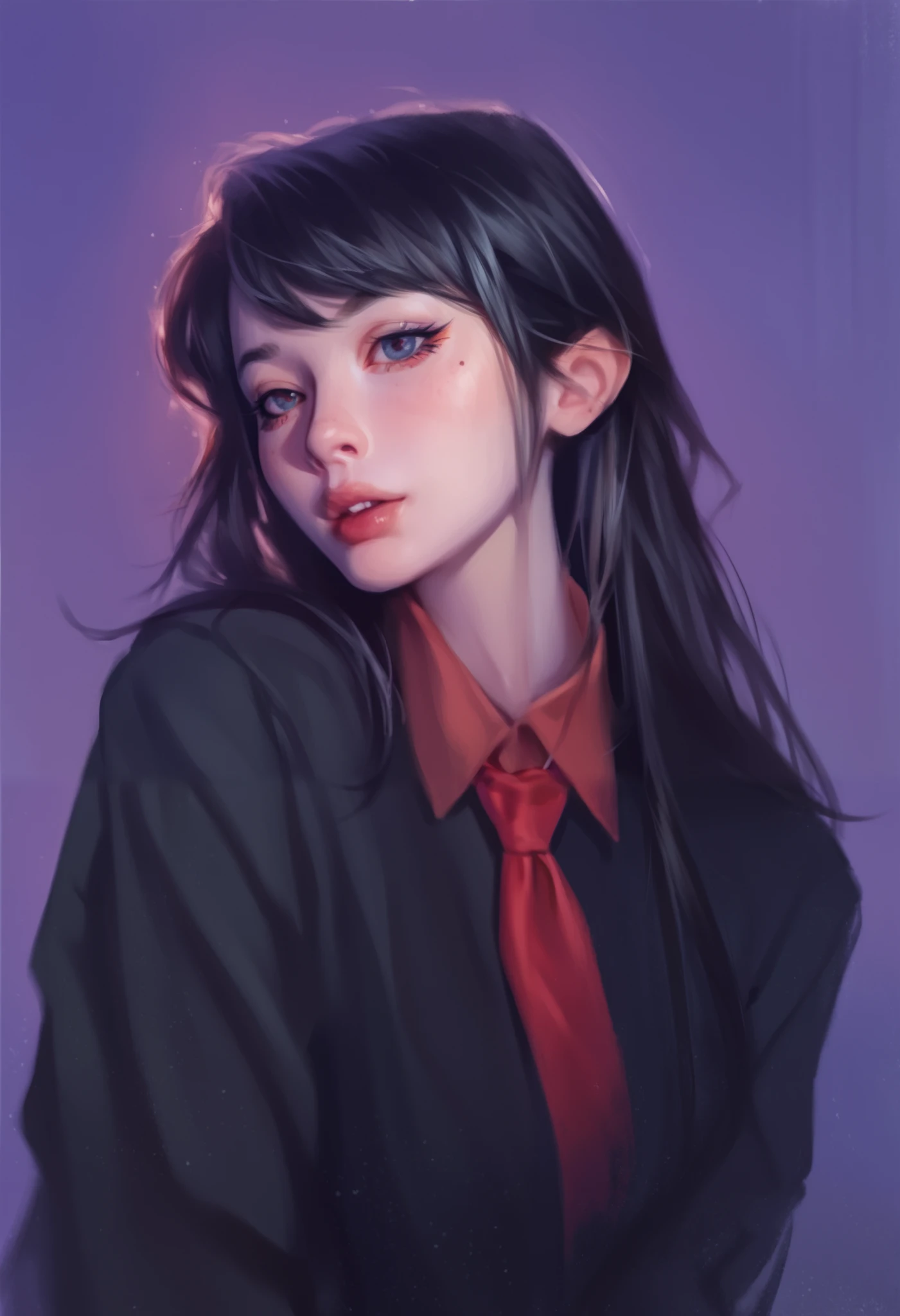 The character presents a striking and stylized design. she has black hair, with some loose locks that fall over her face, and wears a pair of large ears with red details. Her gaze is expressive, with one of her eyes highlighted in an intense red tone.

She is dressed in a neutral colored shirt, with a red tie and voluminous sleeves. The style of the clothing combines traditional elements with modern touches, and the predominant colors are black and red, giving a bold and distinctive look.

The composition of the image suggests a more abstract background, which reflects a dynamic and perhaps even supernatural feeling, complementing the intriguing aura of the character.  She has a confident posture , which suggests a strong and charismatic personality.