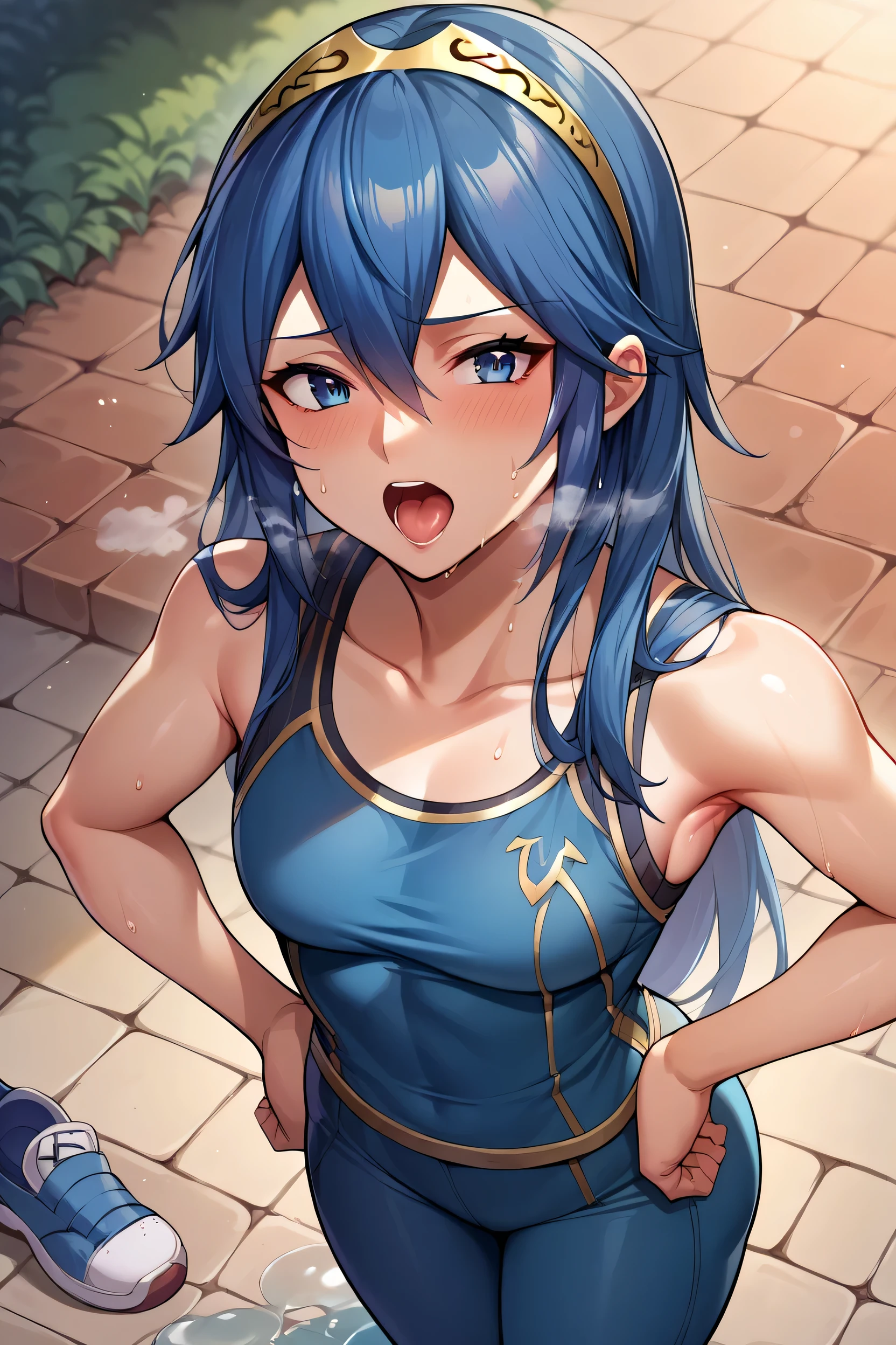 score_9, score_8_up, score_7_up, score_6_up, source_anime BREAK 1girl,  Lucina, dark blue tanktop, blue yoga pants, blue shoes, hands on hips, open mouth, out of breath, sweaty, sexy, exhuasted, steam coming out of her mouth, full body, puddle of sweat