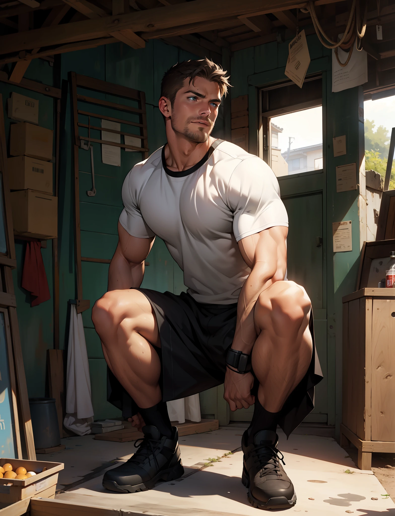 32k, high quality , detailed face , detailed hands , detailed muscles ,HANDSOME  stephen amell 40 YEARS OLD , MATURE HUNK MAN,   standing and posing in a gym hall  ,standing with spread legs, showing his muscles AND BULGE, background brick wall with star movies posters, 