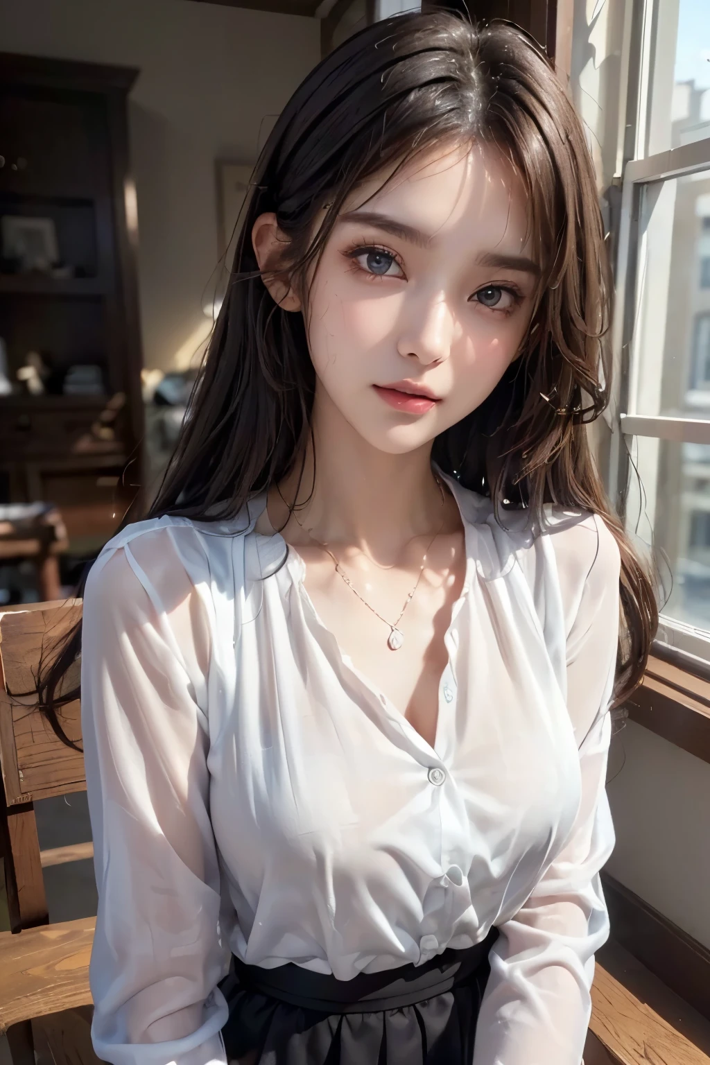 (Ultra Realistic), (Illustration), (High Resolution), (8K), (Very Detailed), (Best Illustration), (Beautiful and Detailed Eyes), (Best Quality), (Ultra Detailed), (Masterpiece), (Wallpaper), (Detailed Face), One Girl, Look Front, Fine Details, Detailed Face, Low Key, pureerosfaceace_v1, Dark Eyeliner, Bangs, Big, (Best Quality, 8k, 32K, Masterpiece) 1gril, brown ponytail, large breasts, (detailed white loose shirt: 1.5), shorts, cleavage, shirt with white collar, necklace, (detailed lace bra: 1.1), (slouch: 1.8), smile, get on all fours, look down,