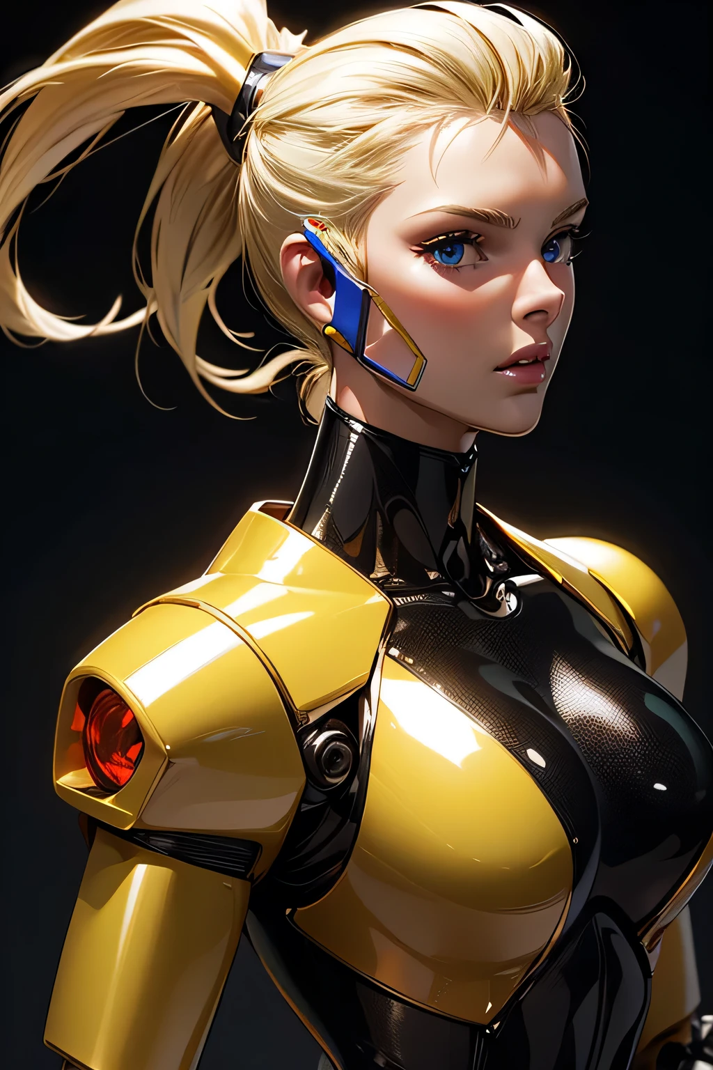 medium long body shot of beautiful cyborg girl in shiny gold armor suit, beautiful cyborg girl pinup, cute cyborg girl, hyperrealistic fantasy art, beautiful white girl cyborg, broken beautiful female android, sci-fi fantasy art, detailed sci-fi art, Atmosphere sci-fi movies background