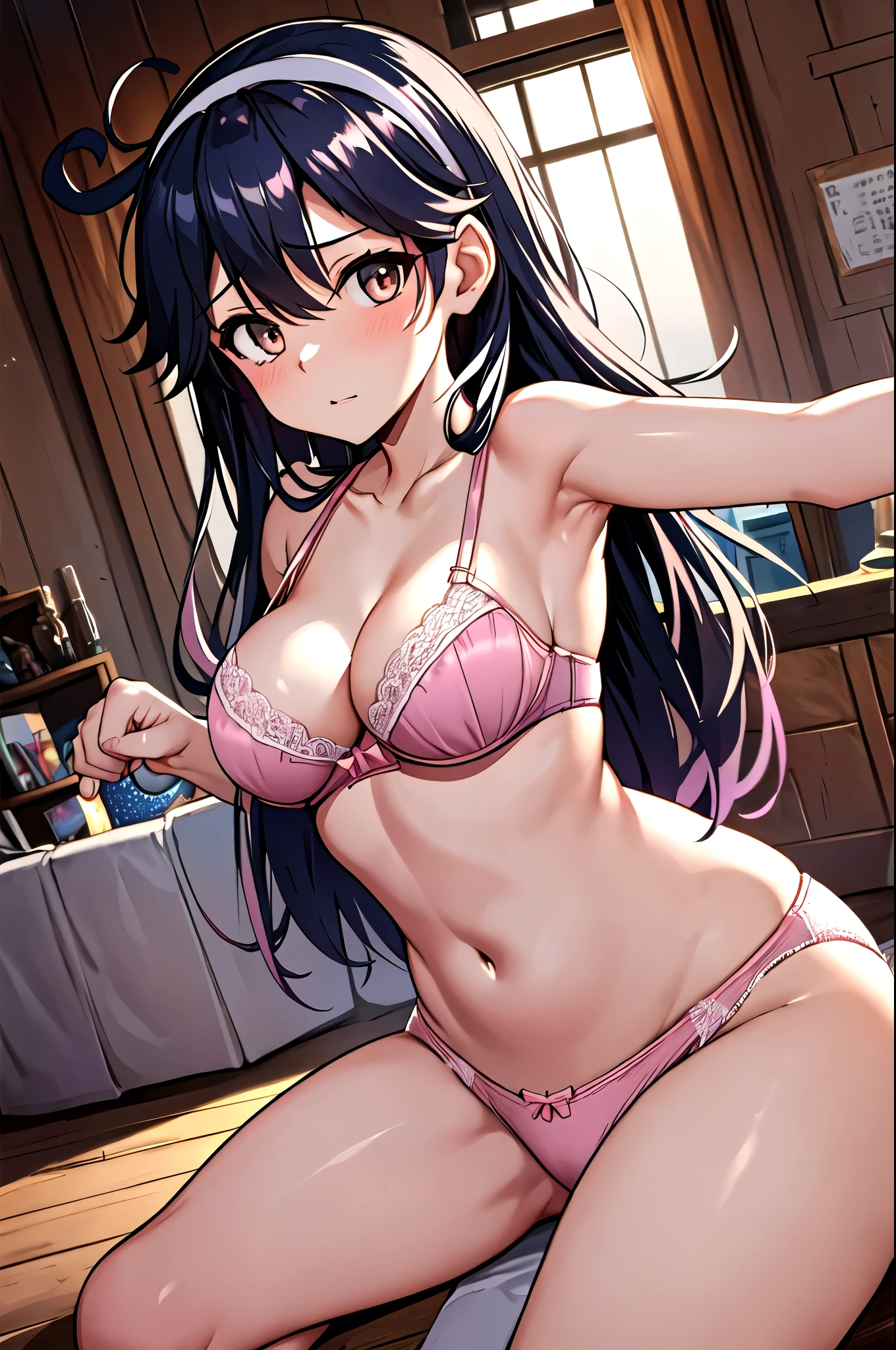  top quality,   Masterpiece ,  high definition , Alone,  1 girl, {Ushio_  fleet collection in h:1.15}, 長hair, 黒hair,  , (白 headband),  headband, hair_between_eye, 茶色eye, Big Breasts, chest, 大きいchest,  (Petite), Living Room Background,  office background, ( lean forward ),  Watch viewers,  Dutch Angle ,  Cowboy Shots,((  punch )),(light pink panties ), ( light pink bra), ( lingerie)