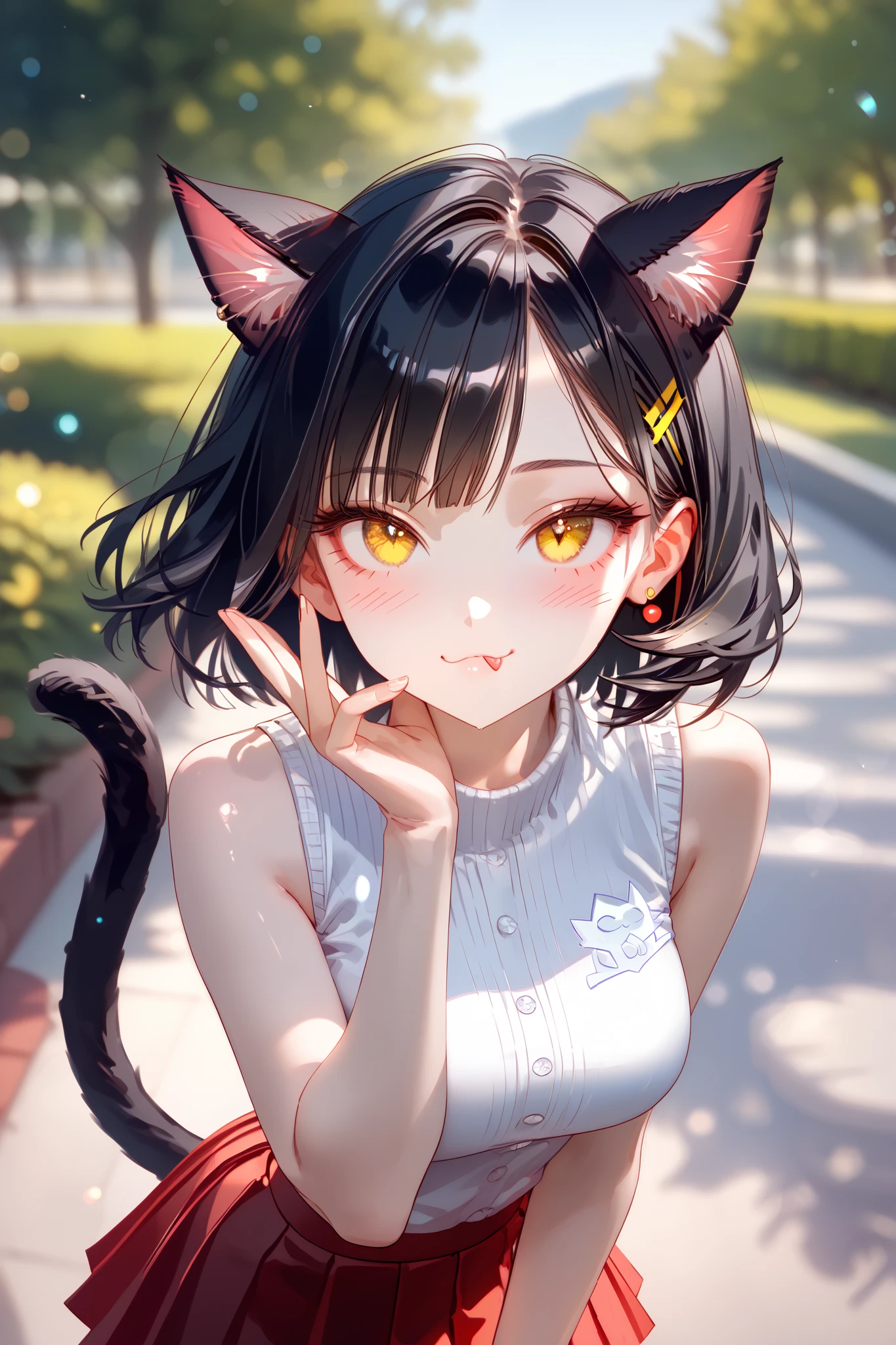 (masterpiece, best quality), (score_9,score_8_up,score_7_up), (highly-detailed), RAR, 
solo, (young woman, 21 years old), (short stylish black hair), (bright yellow eyes:1.4), (nice body, curvaceous, fit), cute face, (cat ears, cat tail), 
black sleeveless shirt, red pleated skirt, (looking up), standing, joyful, [cute feline fang], playful, blush, (mouth closed:1.5), (purring intensely), (floating hears), outdoors, nice park, beautiful day, (extremely cute pose), extremely cute look, (close up, focus on face), (looking up), (irresistible cute eyes), (begging:1.4), eyes wide open, feline-gesture, the most beautiful catgirl in the world, extremely adorable, looking at viewer, bokeh, dreamy, 8k, ultra high definition, subtle depth of field, subtle bloom, 