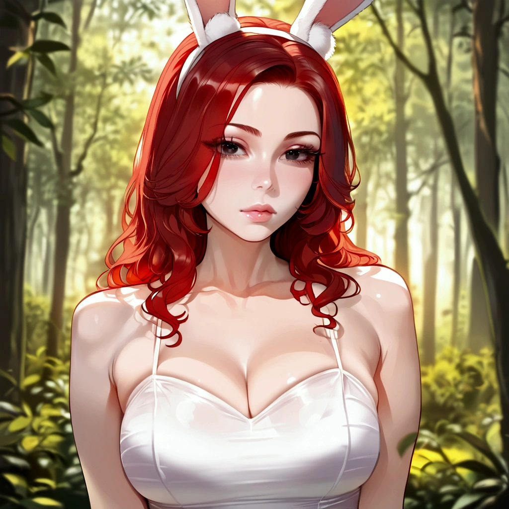 rabbit girl, bunny girl, demi-bunny girl, short red hair, black eyes, fair skin, curvy body, white very short dress, forest background, beautiful detailed eyes, beautiful detailed lips, extremely detailed face and eyes, long eyelashes, high quality, 8k, realistic, photorealistic, masterpiece, ultra-detailed, physically-based rendering, professional, vivid colors, warm lighting, soft focus 