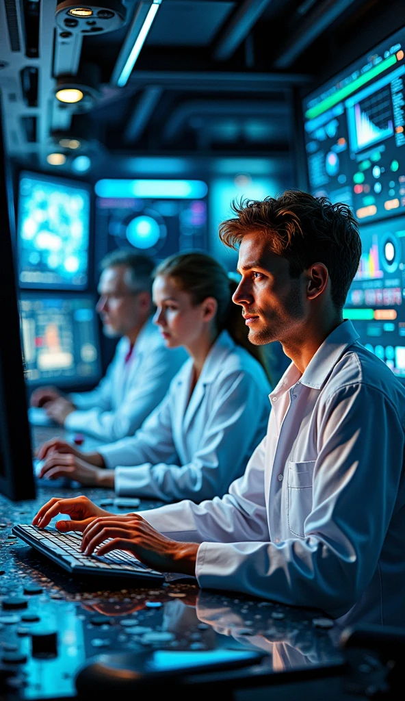 Scientists inside a space control center ,  in front of space monitoring computers 