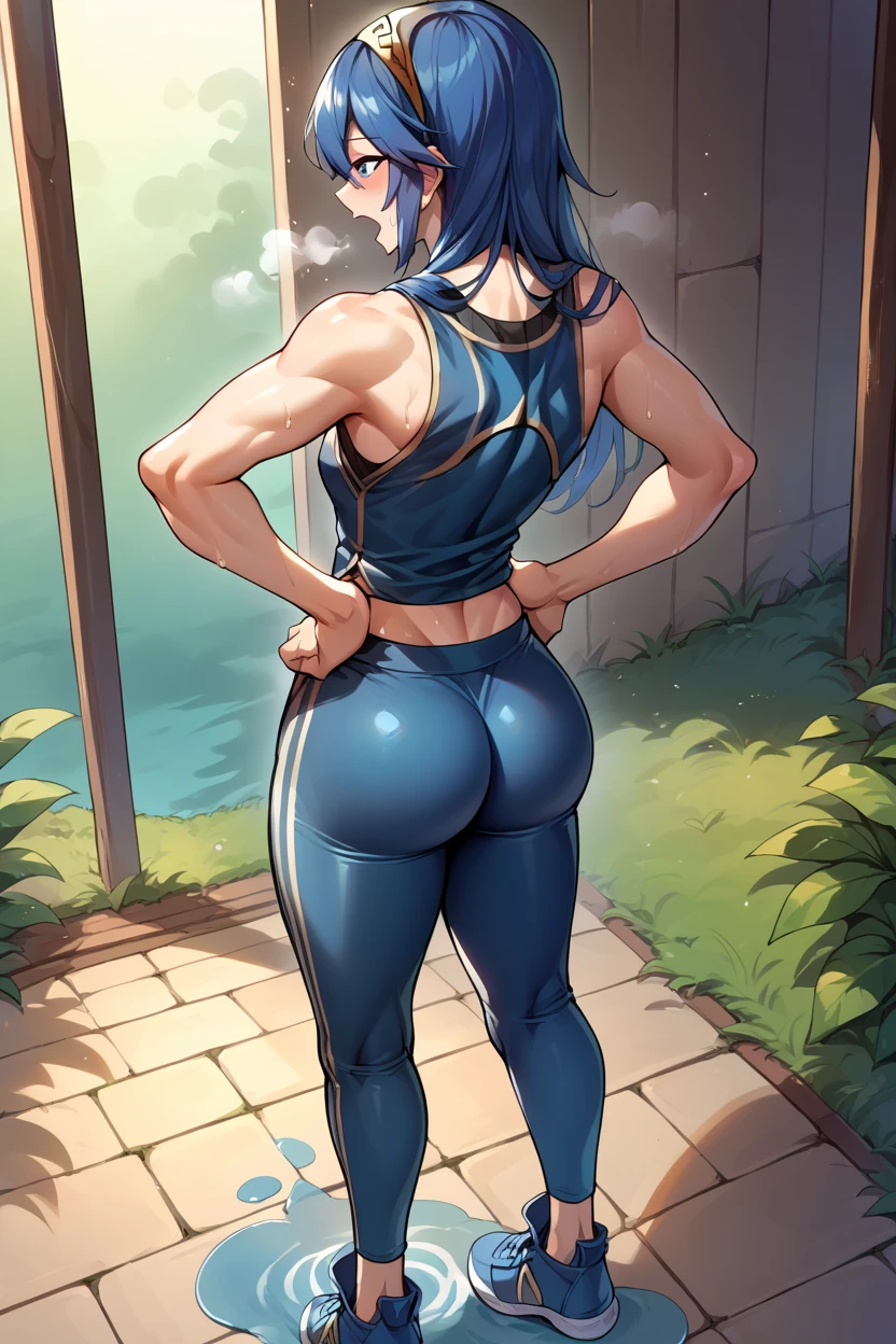 score_9, score_8_up, score_7_up, score_6_up, source_anime BREAK 1girl,  Lucina, dark blue tanktop, blue yoga pants, blue shoes, hands on hips, open mouth, out of breath, sweaty, sexy, exhuasted, steam coming out of her mouth, full body, puddle of sweat, sexy af, hot ass, sexy ass