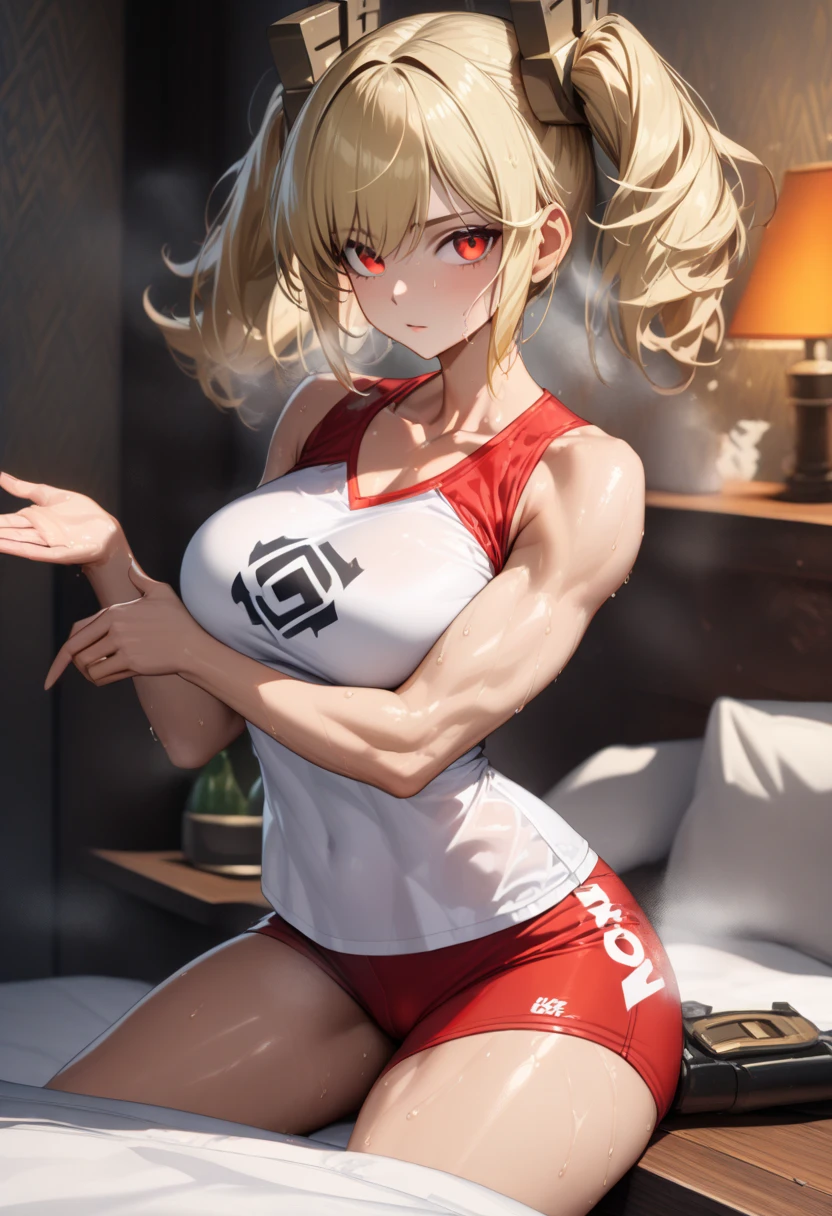 masterpiece,best quality,high resolution,8k,ultra HD,wallpaper,illustration,perfect face,cowboy shot,beautiful detailed eyes,extremely detailed face,perfect lighting,extremely detailed CG,perfect anatomy,perfect body,perfect thick,perfect hands,perfect fingers,1woman,full body,,muscle fighter body,(blonde medium twintail hair:1.2),red eyes,large breasts,Medium ass,,(white school sports shirt),red short sports bloomers pants,clothed,,collarbone,,looking at viewer,(),Steam,sweat, on the bed,(Zenless Zone Zero character Burnice),adult,cameltoe,orange sun glass,