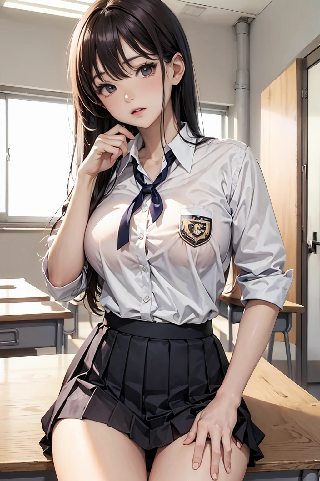 absurdres, RAW photo, extremely delicate and beautiful, masterpiece, Best Quality, ultra high resolution, 32k, hyperrealistic, ultra-detailed, perfect anatomy, anatomically correct, perfect figure, super Detailed skin, 20 years old, very Slim body, narrow waist, very small head, very small face, delicate facial features, detailed face, detailed eyes, tearful mole, earring, thin legs, bare legs, ((very huge round breasts)), short medium hair, ((wavy hair)), wet clothes, ((school uniform)),