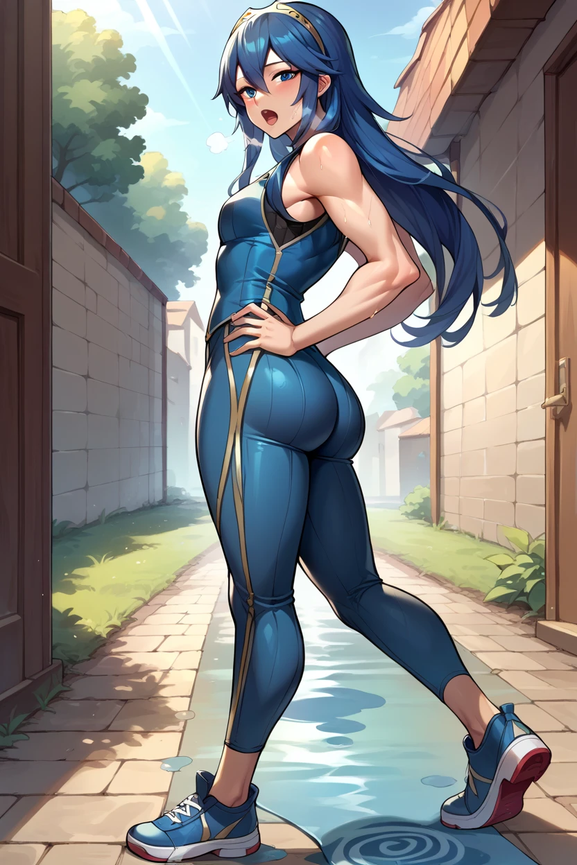 score_9, score_8_up, score_7_up, score_6_up, source_anime BREAK 1girl,  Lucina, dark blue tanktop, blue yoga pants, blue shoes, hands on hips, open mouth, out of breath, sweaty, sexy, exhuasted, steam coming out of her mouth, full body, puddle of sweat, sexy af, hot ass, sexy ass, sexy curves, looking at viewer