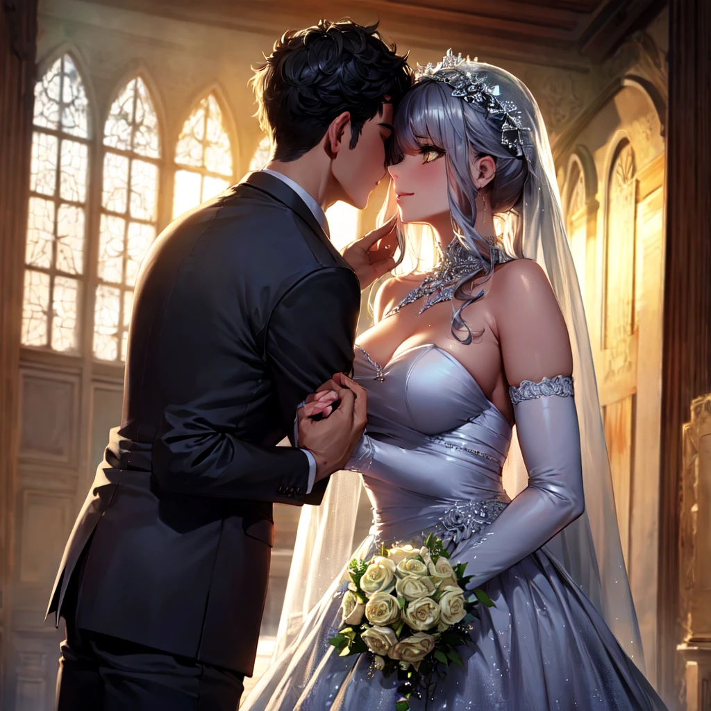 masterpiece, Best quality, masterpiece, Best quality, masterpiece, Best quality, masterpiece, Best quality, high quality, detail_skin, Beatifull_hair, detail_hair, Beatifull_hands, hands_detail, High detail, Ultra detail, HD, 4k, 4280x2240, depth field, (HDR:1.9), Correct anatomy, a masculine boy with short hair black hair abundant brown eyes with full wedding suit from groom to gentleman's suit and Palto flu pants and a girl with very long hair messy hair curly hair wavy hair (((silver hair))) high ponytail with yellow eyes in wedding dress, Dream wedding dress. love. Hand in hand looking at the New Year's sunset sunrise while kissing at church wedding with wedding rings on boy finger and wedding rings on girl finger and smiles, detail, ultra-detail, correct_position, correct_texture, correct_colors, correct_shading, correct_cgi, correct_body, correct_anatomy, correct_proportion, (correct_complete_body), source_anime,score_6_up,score_7_up,score_8_up,score_9, (Beautiful eyes), (detail_eyes), Eyesclothing cutout, veil,see-through,wide sleeves, white leotard,long sleeves,frilled sleeves,frills,bridal veil, Detailedface, artist(ReDrop), Romántica style sleve, EasyNegative_pt , beatifull_detail,