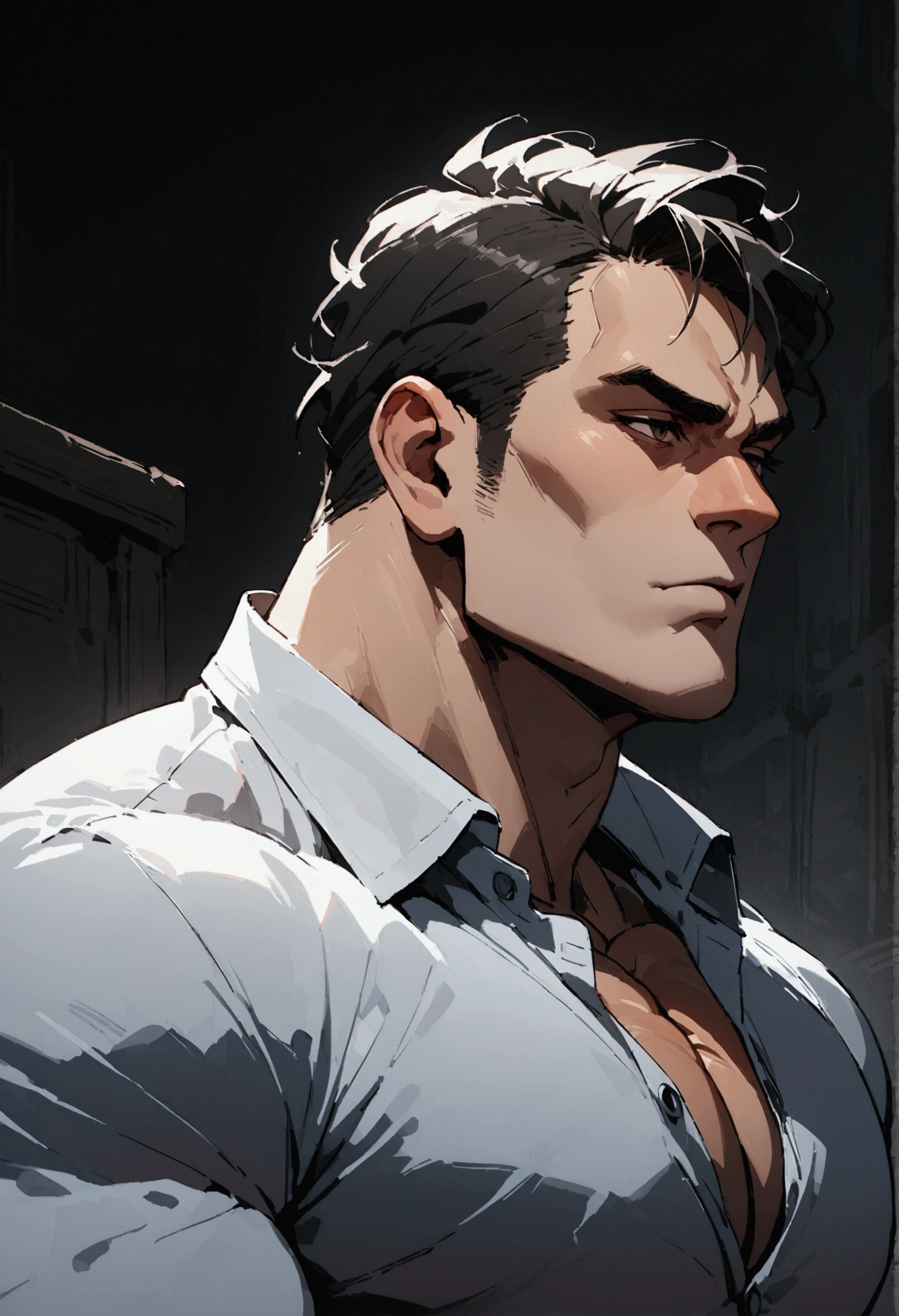 Portrait of a man with a button up shirt, he has big muscles and has a chiseled jawline.