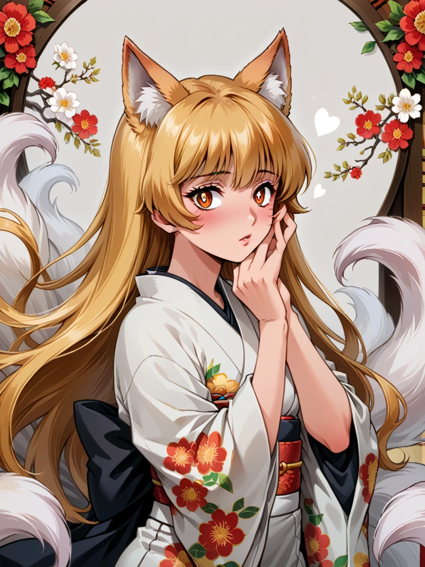 Painting of a 1 beautifull kitsune queen in a gorgeous 90s japaness kimono,blonde hairs, french braid, hair hide ear, hime cut, very long hair, heart-shaped pupils, animal ears, fox ears,"long orange fox ears with black tips", covering ears, kemonomimi mode,tail emanating(9 tails fox),big boobs, large hips,((kimono)), high detail, masterpiece, anatomically correct, high quality, award winning,(masterpiece, best quality),(detailled anime art style),(90s anime aesthetic), 90s, very detailed 90s anime style, 90s anime style,Circa 1995,Tumblr Digital illustration, Faux Retro Aesthetic, demon slayer, Ahri,Vintage wallpaper background, floral patterns, muted colors, retro style