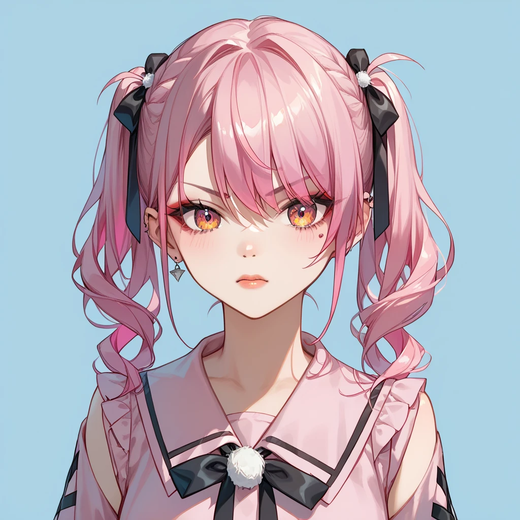 Troubled face、 black and pink hair color 、 twin tails、 Mine Style Makeup 、 double piece、Ribon is black 、 upper body、 pink shirt、 black pleated skirt、