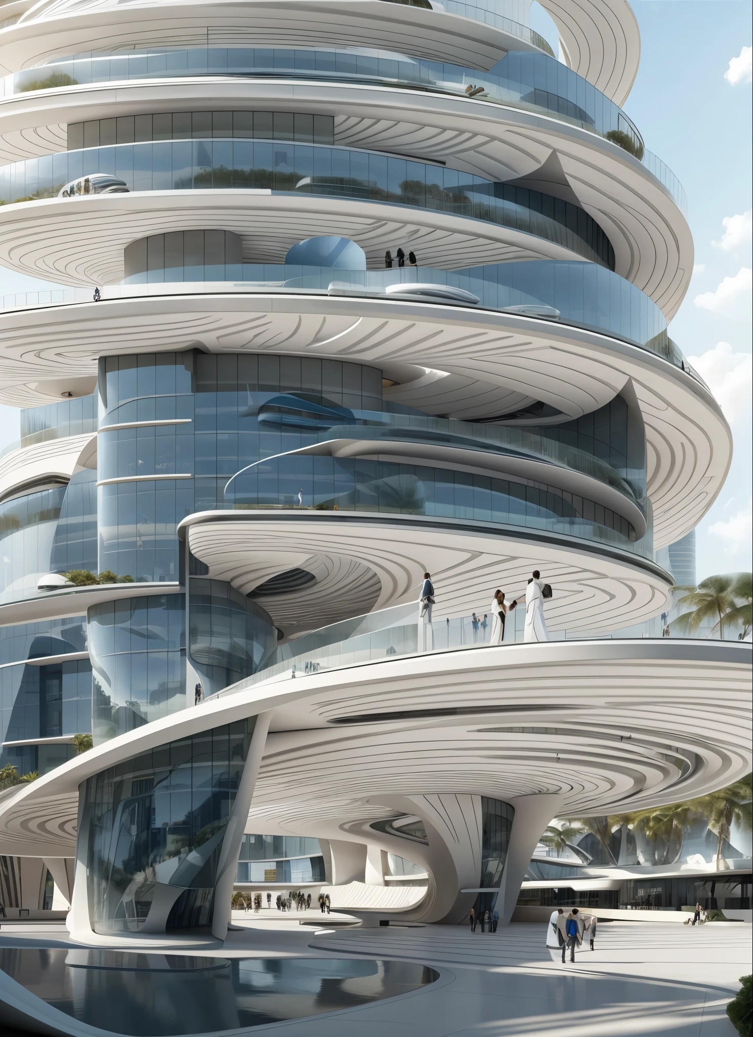 building by Zaha Hadid, concrete and glass, Realistic, people on walkways,  people walking, flawless, by syd mead, realistic