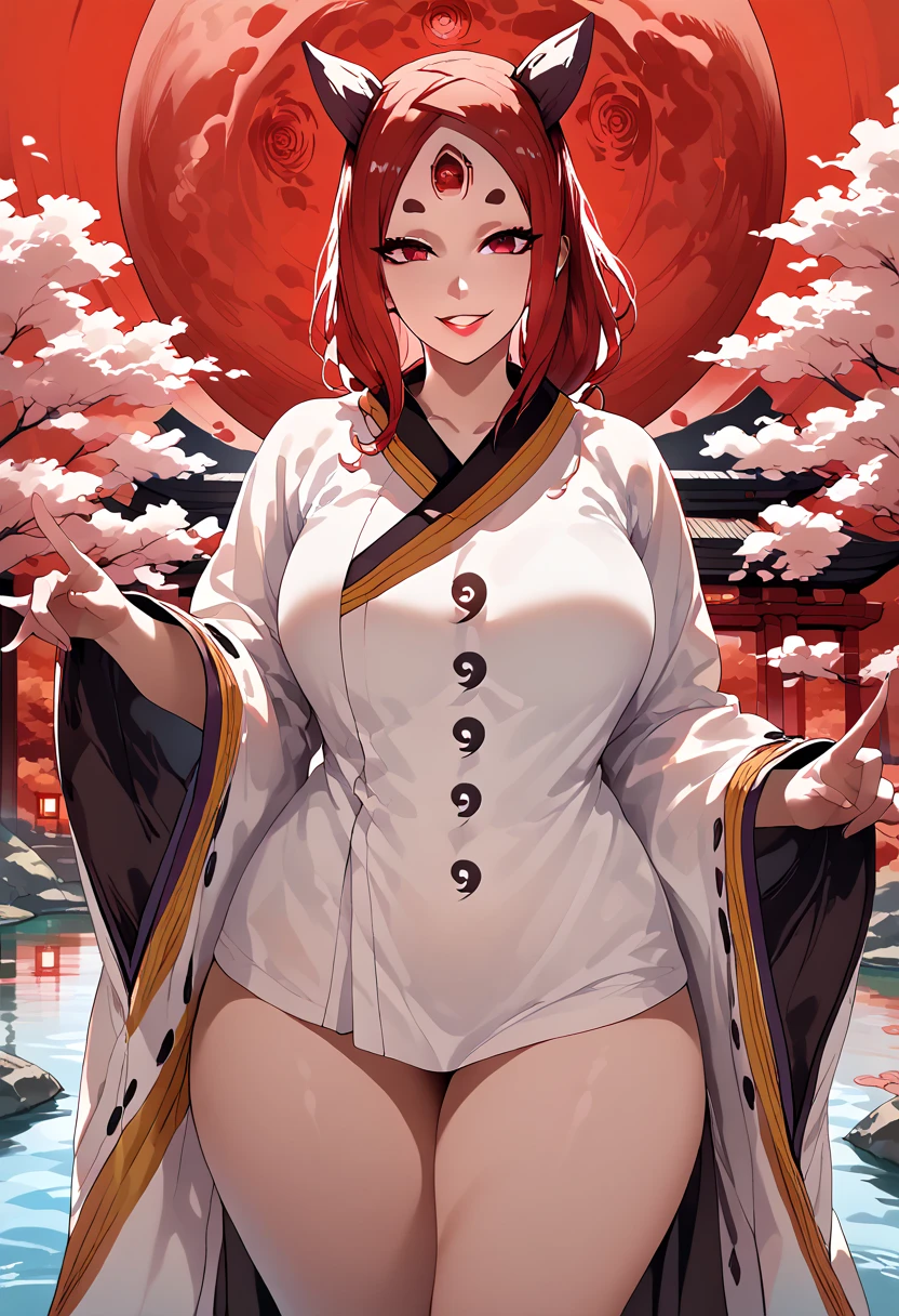 kaguya, girl, solo, kimono, red eyes, haori, temple, red moon, parted lips, thick thighs, big breasts, standing, lake, beautiful, smile, anime style, looking at viewer