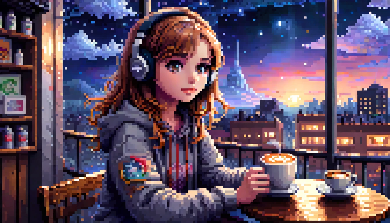 pixel art, ((masterpiece)),(((bestquality))),((ultra-detailed)) realisticlying, 1 girl, Beautiful, wearing headphones, enjoying hot coffee solo, Late Night Cafe, looking to viewer, city, starry sky, cloud, night.