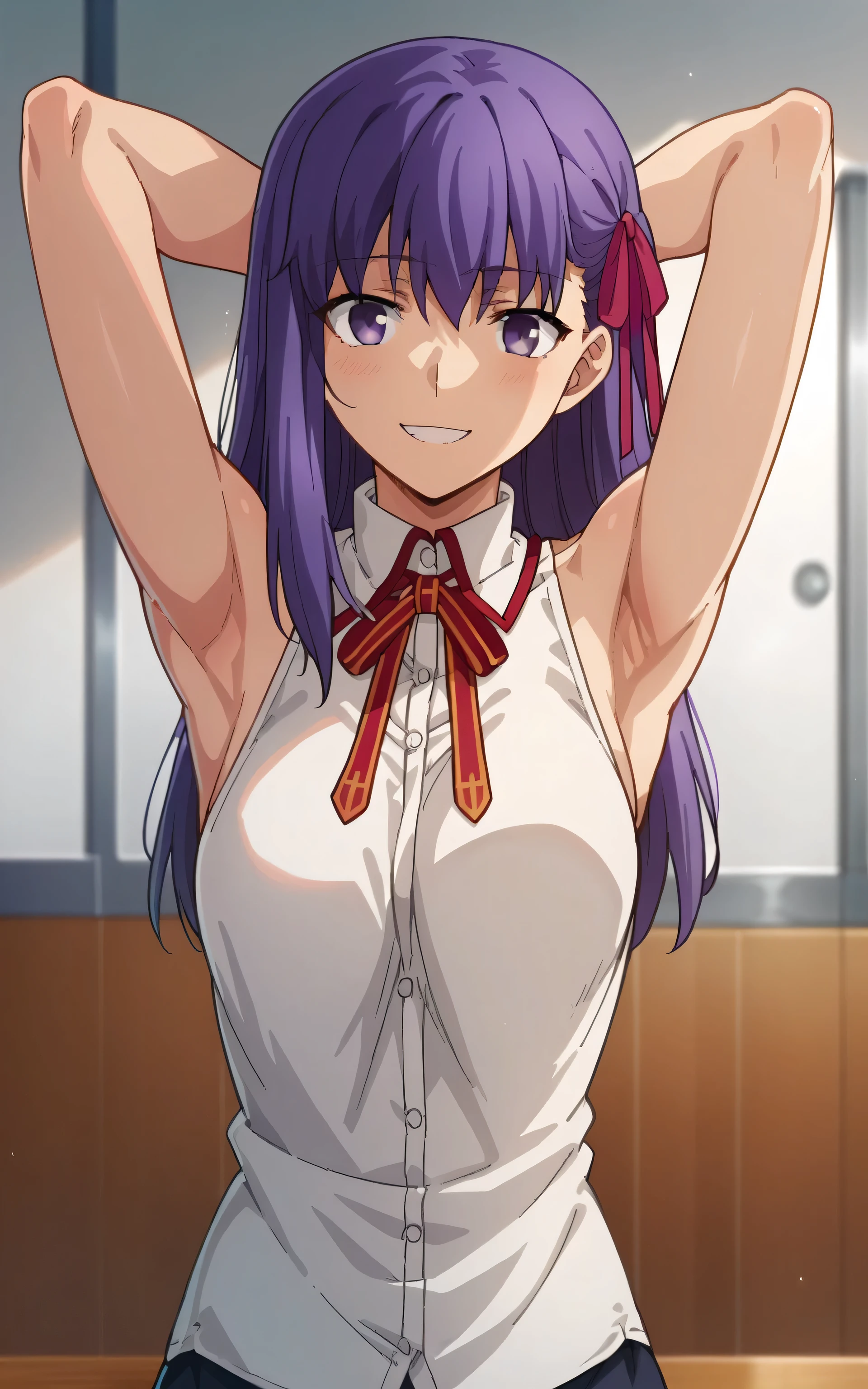 score_9, score_8_up, score_7_up, source_cartoon, source_anime, anime screencap, 1girl, solo, purple hair, long hair, purple eyes, hair ribbon, pink ribbon, SakuraSchool, white shirt, collared shirt, sleeveless shirt, neck ribbon, red ribbon, bare shoulders, bare arms, arms behind head, armpits, looking at viewer, head towards viewer, smile, badhandv4, indoors, school, buttons