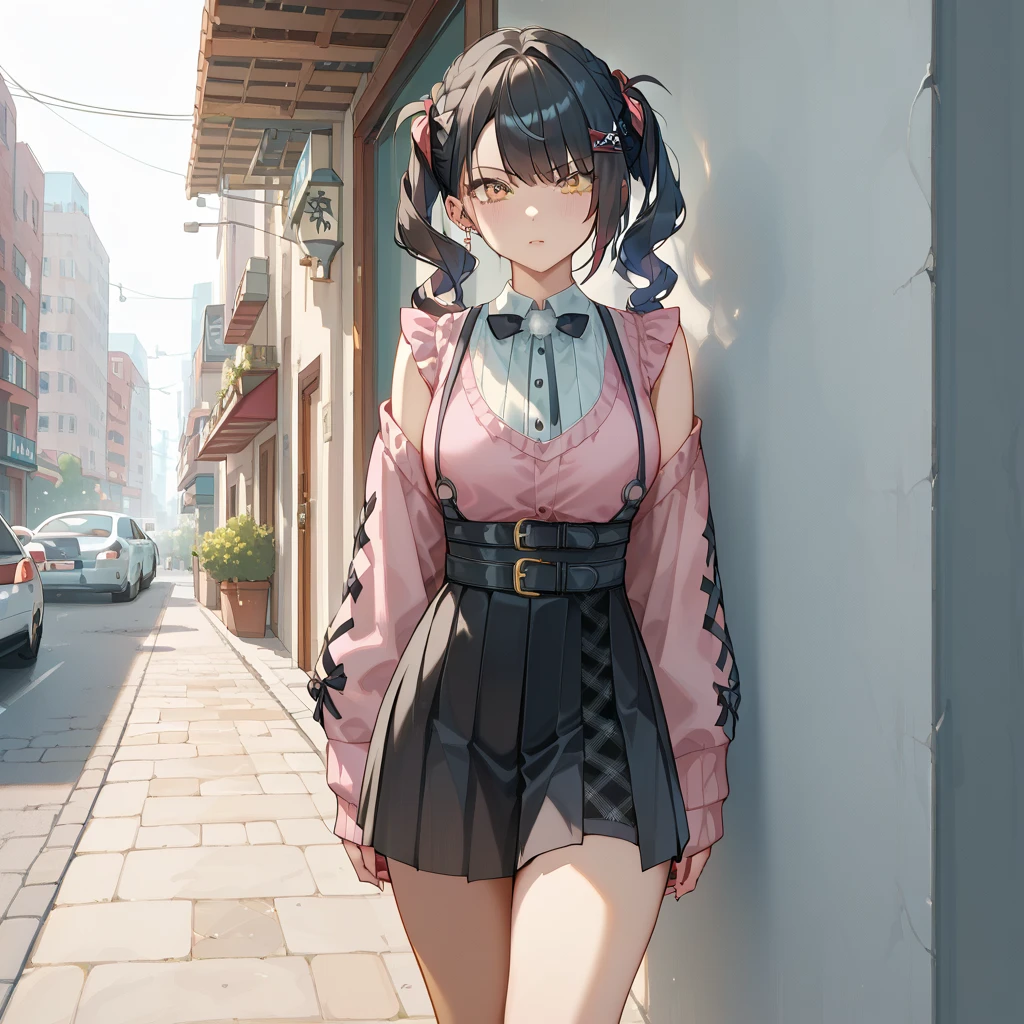 Troubled face、Black hair color、 twin tails、 Mine Style Makeup 、 double piece、Ribon is black 、's full body is shown、 pink shirt、 black pleated skirt、 is in the city in the background、How to sit so you can see your pants from the front 、 The skirt hides your tight pants
