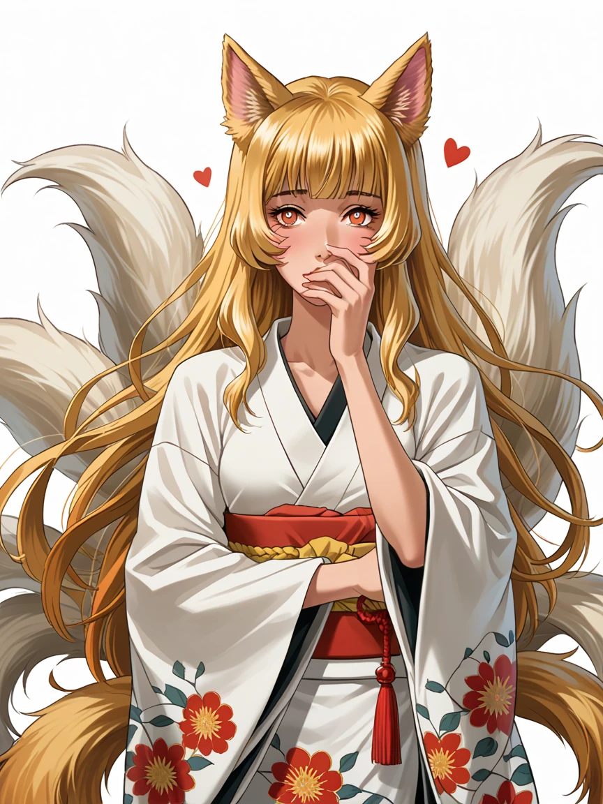 Painting of a 1 beautifull kitsune queen in a gorgeous 90s japaness kimono,blonde hairs, french braid, hair hide ear, hime cut, very long hair, heart-shaped pupils, animal ears, fox ears,"long orange fox ears with black tips", covering ears, kemonomimi mode,tail emanating(9 tails fox),big boobs, large hips,((kimono)), high detail, masterpiece, anatomically correct, high quality, award winning,(masterpiece, best quality),(detailled anime art style),(90s anime aesthetic), 90s, very detailed 90s anime style, 90s anime style,Circa 1995,Tumblr Digital illustration, Faux Retro Aesthetic, demon slayer, Ahri,Vintage wallpaper background, floral patterns, muted colors, retro style