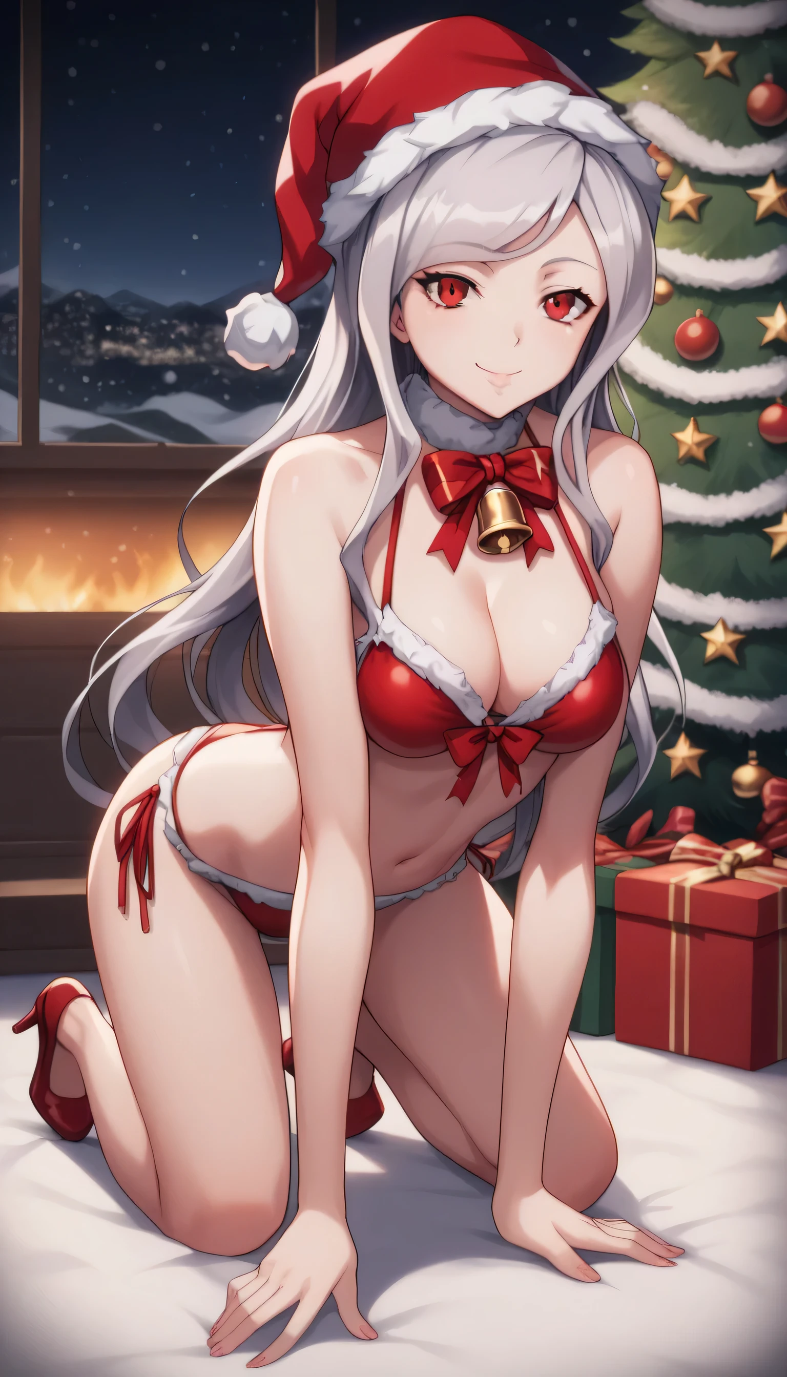 NSFW,masterpiece,Highest quality,High resolution,Very detailed,Joan of Arc Horta Santa Lily\(Fate/grandorder\),Gray Hair,Headpiece,Golden Eyes,Small breasts,Santa costume,Nightlife,In town