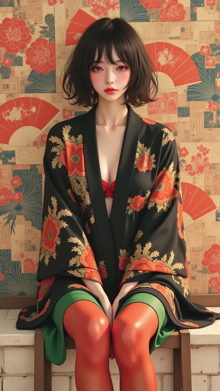  masterpiece, ultra detail,  ( ), (( dynamic angle :1.8))(( Muscular and thick legs :1.8)).   A very detailed and elegant illustration of a young woman with short black hair and calm  ,  introspective expression .   She sits on a wooden ladder  ,  Verkleidet ein traditioneller japanischer Kimono mit komplizierten Flowersmustern in satten Farben ,  including black  , Gold,  and bright shades of red .   The layers of her outfit show a mix of textures and designs  ,   She combines traditional motifs with modern style  .   She wears brightly colored stockings — one leg in deep red and the other in green — and gives the whole thing a bold accent,  modern contrast .   The background is a vivid tapestry of traditional Japanese patterns  , including fans  , Flowers,  and abstract shapes  ,   and creates a harmonious yet dynamic visual effect  .   The overall composition radiates a balance of tradition and individuality  ,   with a focus on the interplay of colors and textures  .