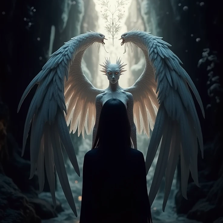 A young man with his back turned, with long hair tied in a ponytail and wearing black robes, He looks so relaxed despite the view in front of him, where several beings are seen that did not stop watching the young man very closely; Among these beings there was a humanoid demon with a red glow, a black dragon with a withering gaze, A giant in shining armor with a sinister smile, A split elf with a bow aiming at the young man and an angel with shining white wings on a battlefield