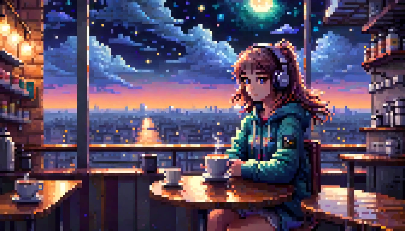 pixel art, kobo kanaeru, ((masterpiece)),(((bestquality))),((ultra-detailed)) realisticlying, 1 girl, Beautiful, wearing headphones, enjoying hot coffee solo, Late Night Cafe, looking to viewer, city, starry sky, cloud, night.