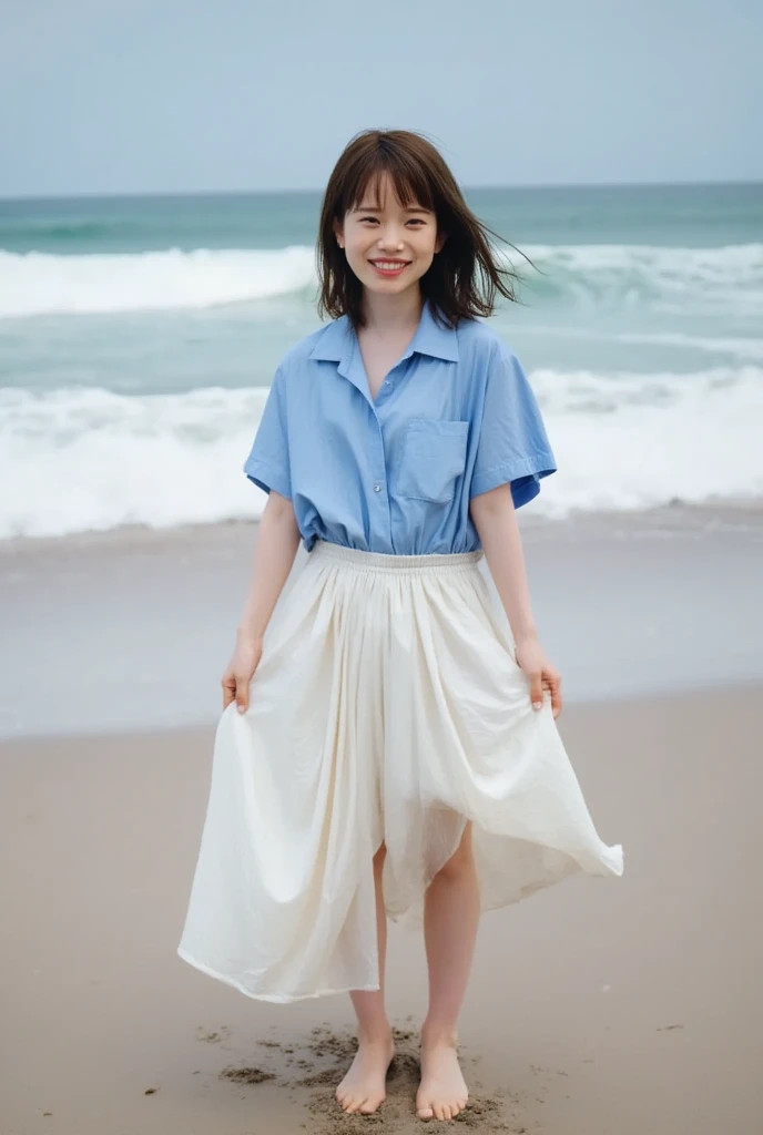   low angle shot  、  forward leaning position、  Open shirt  、No underwear clothes  、  skirt flips in strong wind、  one girl 、barefoot、  beach  、smile