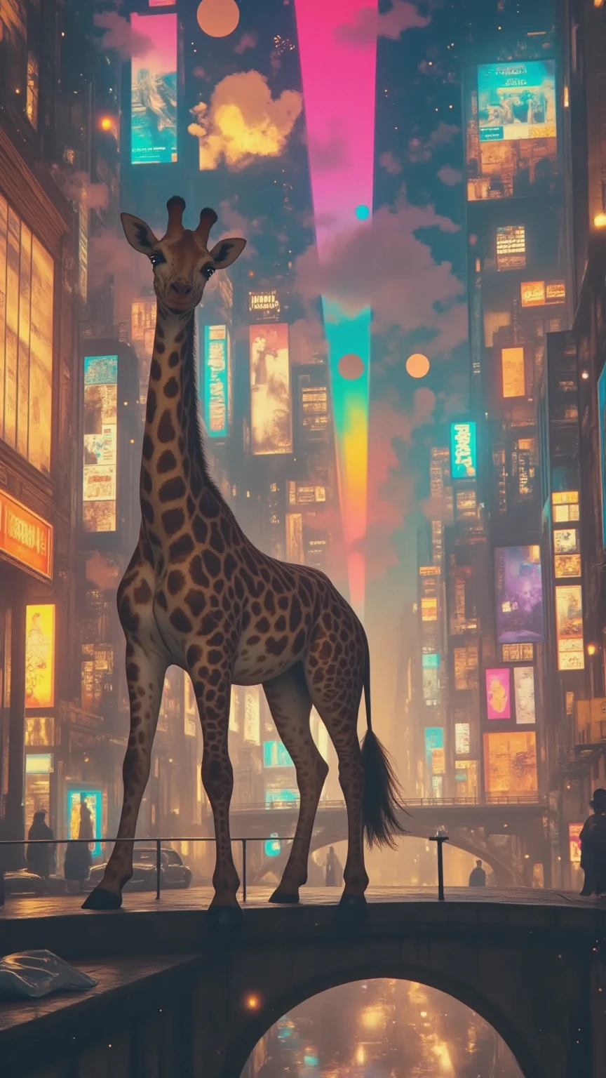  masterpiece, ultra detail,  ( ), (( dynamic angle :1.8))(( Muscular and thick legs :1.8)).   A lively and surreal cityscape at night  , ,  illuminated by a radiant spectrum of rainbow-colored lights ,  that flow vertically through the scene . In the foreground,   a majestic giraffe stands on a bridge ,  that is on the glowing background  , , } that radiate a sense of wonder and peace  .   The futuristic city has iconic landmarks  ,   such as towers and towers  , ,  that shimmers in golden hues and is decorated with glowing stars and sparkles .   The sky is decorated with scattered clouds  ,  a glowing rainbow  ,   and glittering particles ,  that create a magical  ,  fantastic atmosphere.  generate.  The lower part of the city is full of colorful  ,  geometric structures , ,  that stands out from the radiant skyline  .   The overall composition combines elements of urban modernity with quirky imagination  ,   a dynamic and imaginative scene full of life and colors  .