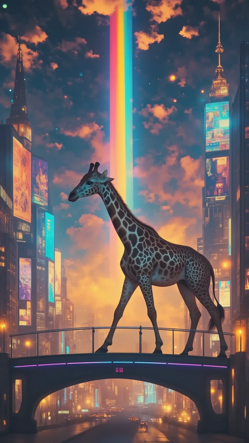  masterpiece, ultra detail,  ( ), (( dynamic angle :1.8))(( Muscular and thick legs :1.8)).   A lively and surreal cityscape at night  , ,  illuminated by a radiant spectrum of rainbow-colored lights ,  that flow vertically through the scene . In the foreground,   a majestic giraffe stands on a bridge ,  that is on the glowing background  , , } that radiate a sense of wonder and peace  .   The futuristic city has iconic landmarks  ,   such as towers and towers  , ,  that shimmers in golden hues and is decorated with glowing stars and sparkles .   The sky is decorated with scattered clouds  ,  a glowing rainbow  ,   and glittering particles ,  that create a magical  ,  fantastic atmosphere.  generate.  The lower part of the city is full of colorful  ,  geometric structures , ,  that stands out from the radiant skyline  .   The overall composition combines elements of urban modernity with quirky imagination  ,   a dynamic and imaginative scene full of life and colors  .