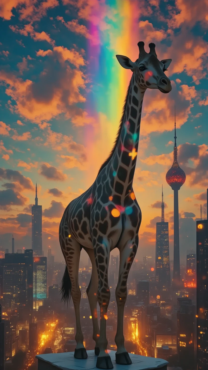  masterpiece, ultra detail,  ( ), (( dynamic angle :1.8))(( Muscular and thick legs :1.8)).   A lively and surreal cityscape at night  , ,  illuminated by a radiant spectrum of rainbow-colored lights ,  that flow vertically through the scene . In the foreground,   a majestic giraffe stands on a bridge ,  that is on the glowing background  , , } that radiate a sense of wonder and peace  .   The futuristic city has iconic landmarks  ,   such as towers and towers  , ,  that shimmers in golden hues and is decorated with glowing stars and sparkles .   The sky is decorated with scattered clouds  ,  a glowing rainbow  ,   and glittering particles ,  that create a magical  ,  fantastic atmosphere.  generate.  The lower part of the city is full of colorful  ,  geometric structures , ,  that stands out from the radiant skyline  .   The overall composition combines elements of urban modernity with quirky imagination  ,   a dynamic and imaginative scene full of life and colors  .