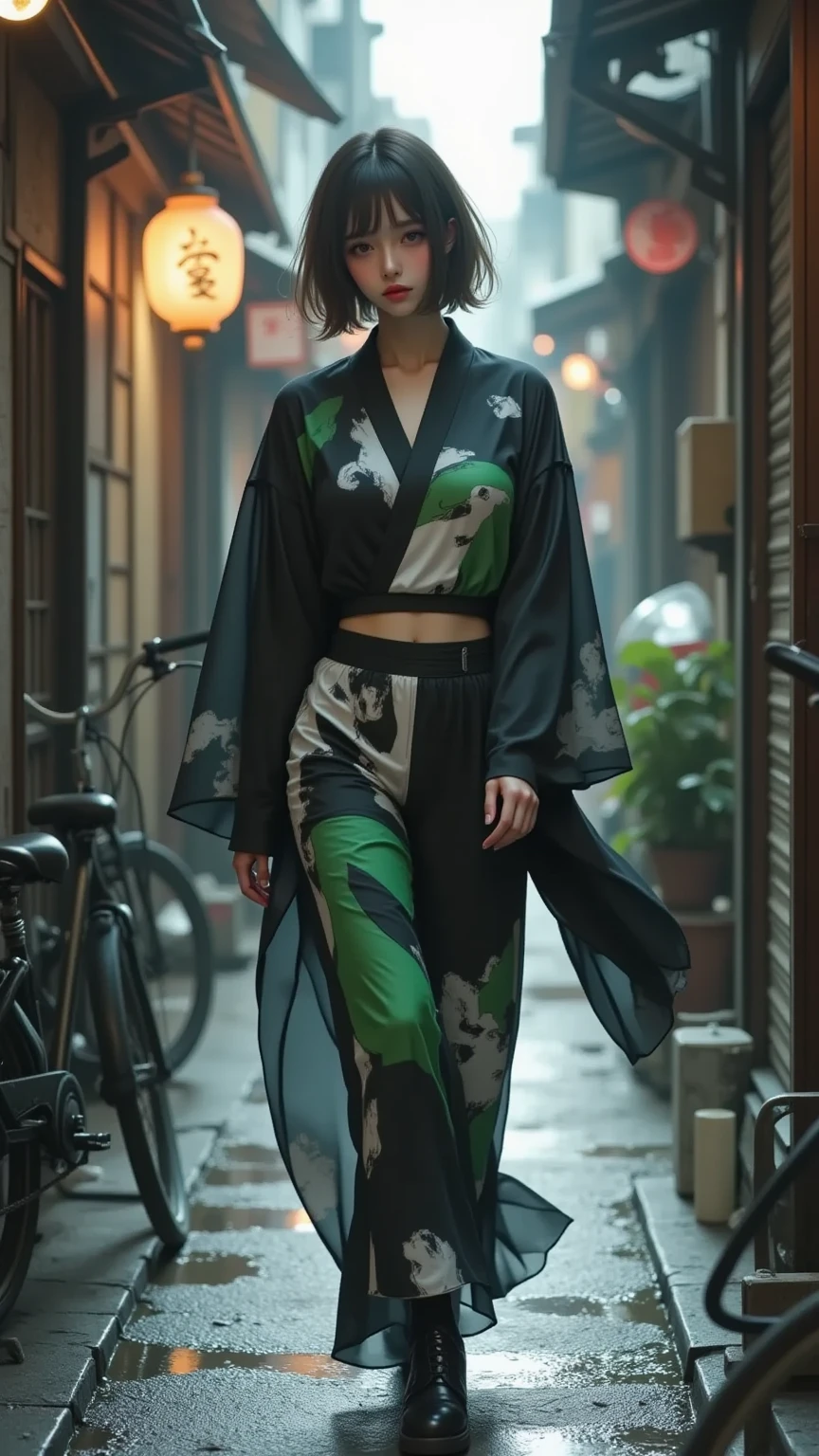  masterpiece, ultra detail,   nostalgic girl , ( ), (( dynamic angle :1.8))(( Muscular and thick legs :1.8)).  A cinematographic scene of a stylish young woman ,  that gracefully a narrow ,  atmospheric alley in Japan .  She is wearing a modern black kimono with a bold ,  abstract white and green pattern ,  Her flowing fabric captures a sense of movement .  Her hair is neatly tied in a deep bun ,  that complements her upright posture .  The alley is dimly lit with soft natural light ,  that filters through ,  casts long shadows on the moist ground .  bicycles and urban details line the pages , An authentic ,  contemporary touch to the traditional backdrop .  The overall atmosphere is calm and thoughtful ,  merging modern fashion with a nostalgic urban backdrop.