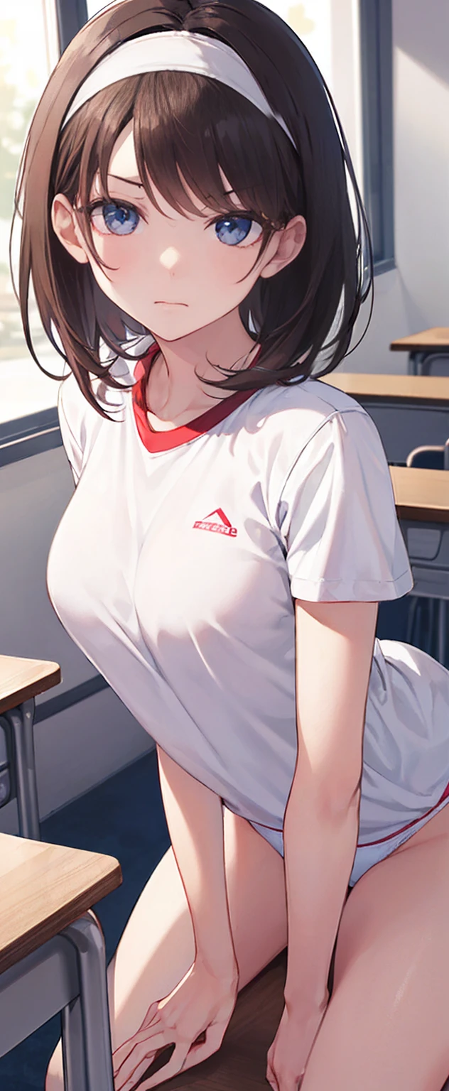  top quality, high definition ,8k wallpaper,(shape:0.8),(  beautiful and elegant :1.6), detailed face , Full Photo, CG in detail,(PERFECT hand,parfect Anatomy ), young woman,adult, medium hair,swept bangs, brown hair, blue eyes, headband,gym uniform, white panties,classroom,nsfw, breasts in school 