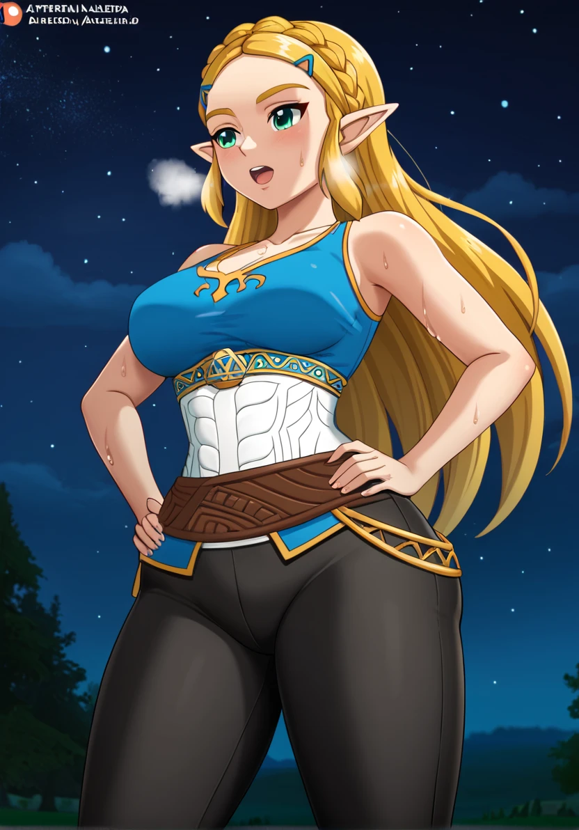 Sexy girl big breast cute cavalry long straight curly yellow hair her blue eye wears blue sleeveless top shows navel and long metallic black pants big thigh sexy brown boot 