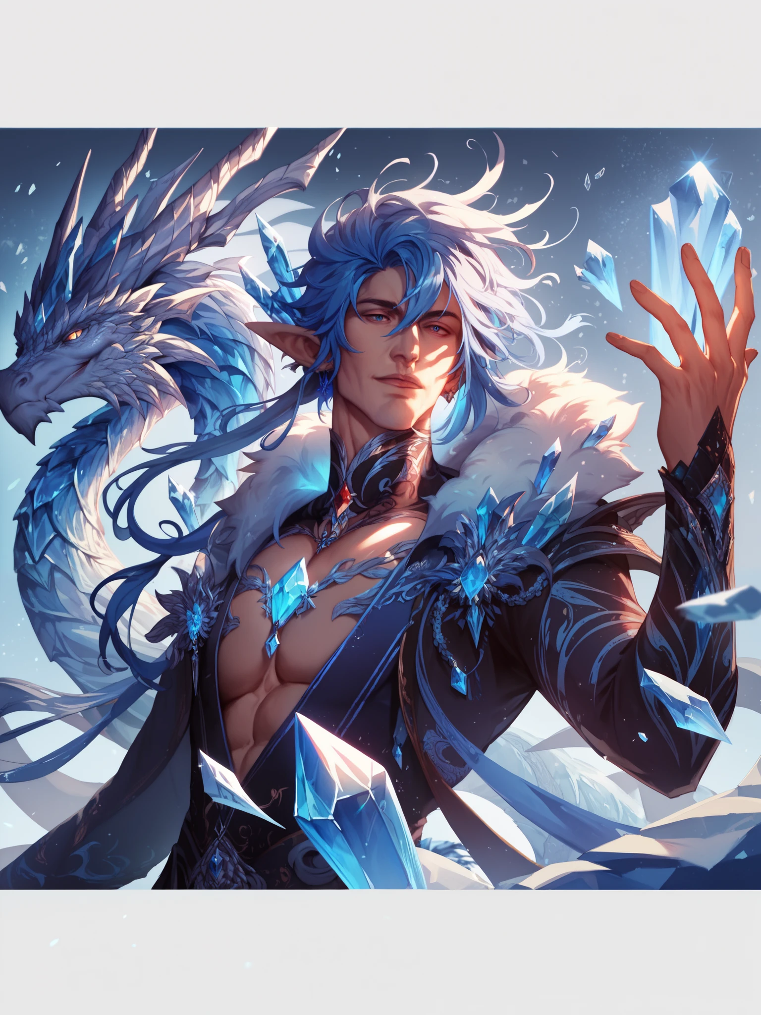 score_9, score_8_up, score_7_up, score_6_up, score_5_up,  s4b, 1boy solo, cool background, lunar, huge crystal dragon, silver/blue hair, elegant, beautiful,High Resolution, cool hues, good, crystal, glowing, gorgeous