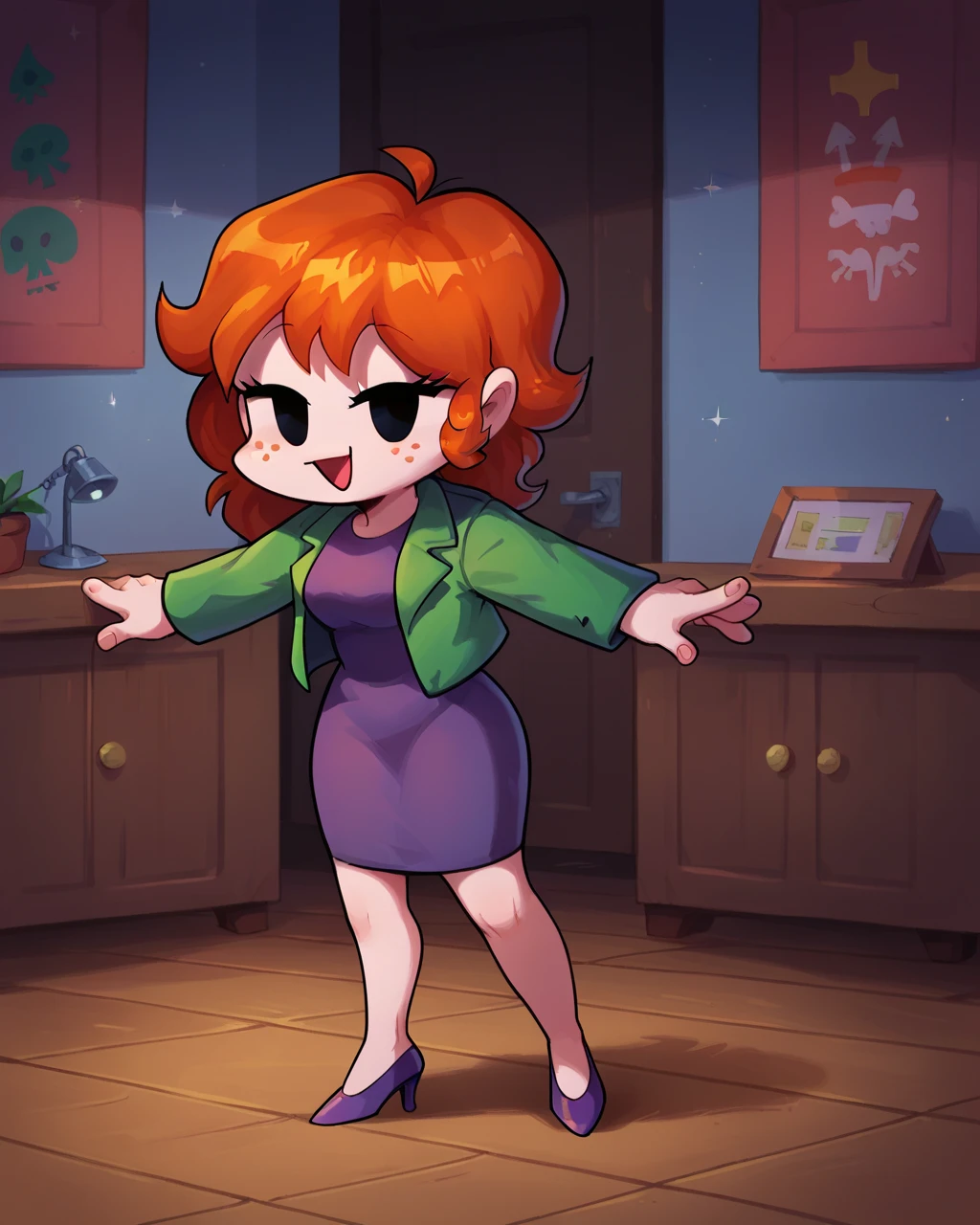 score_9, score_8_up, score_7_up, 1girl, solo, GF FNF, orange hair,  black eyes, freckles, purple dress, green jacket, high heels, standing, happy, detailed background, indoors, 