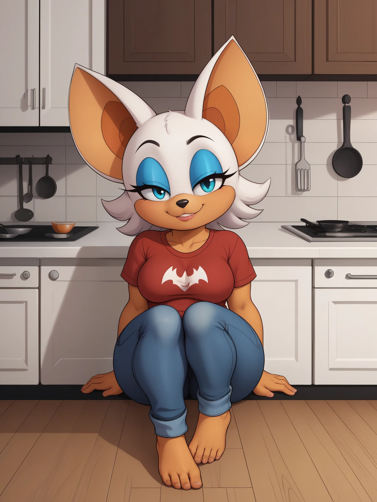 [Rouge the bat], ((furry)), ((solo portrait)),((full body)), ((feet visible)), ((detailed fur)),  ((intricate details)), {anthro, (white fur), (orange skin), black nose, bat ears, cute blue eyes, (half-closed eyes), (blue eyeshadow), short tail, small saggy breasts,. (huge hips), (beautiful legs), (smug smirk)}, jeans, tshirt. kitchen. sitting