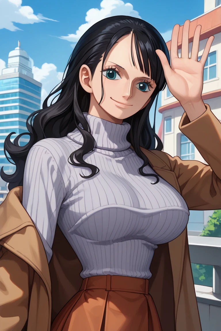 Nico Robin, One Piece, spring, sunny day, grey sweater, long hair, wavy hair, breasts, brown coat, brown skirt, closed mouth, coat, large breasts, city background, long sleeves, looking at viewer, long hair, off shoulder, blue eyes, black hair, ribbed sweater, skirt, smile, solo, sweater, swept bangs, turtleneck, turtleneck sweater, upper body, waving,