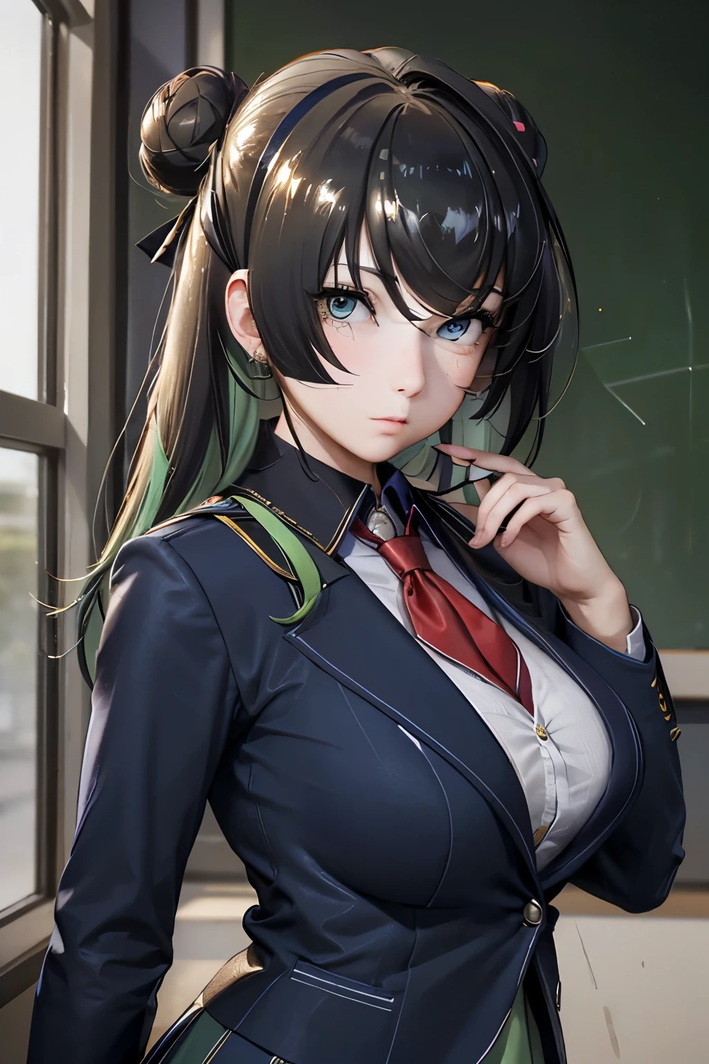 (at school), ((upper body)), ((perfect eyes)), (finely detailed eyes and detailed face:1.3), (extremely fine and beautiful:1.1), (Perfect details:1.1), (Nabi), Resonance Solstice, big breasts, (shiny skin), green eyes, single hair bun, (school uniform:1.28), lady, cowboy shot,