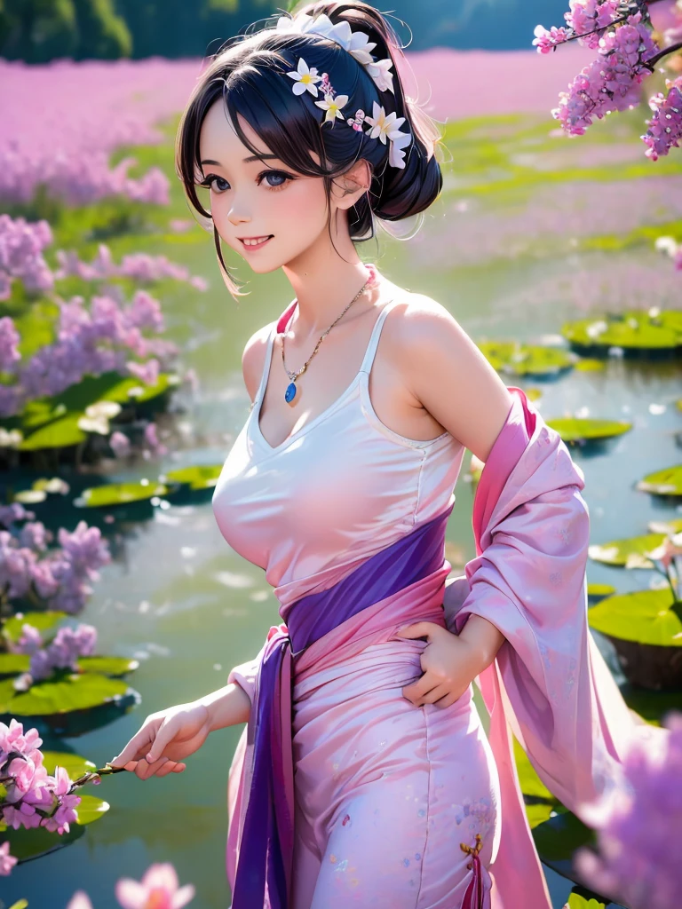 Superb Quality, Masterpiece, High Resolution, 1Girl, Blush, (Seductive Smile: 0.8), Star Pupil, Chinese Hanfu Lilac, Hair Accessories, Necklace, Jewelry, Beauty, on_body, Tyndall Effect, Realism, Lotus Pond, Light Edge, Two-tone Lighting, (High Detail Skin: 1.2), 8K UHD, DSLR, Soft Light, High Quality, Volume Lighting, Candid Photo, High Resolution, 4K, 8K, Background Bokeh