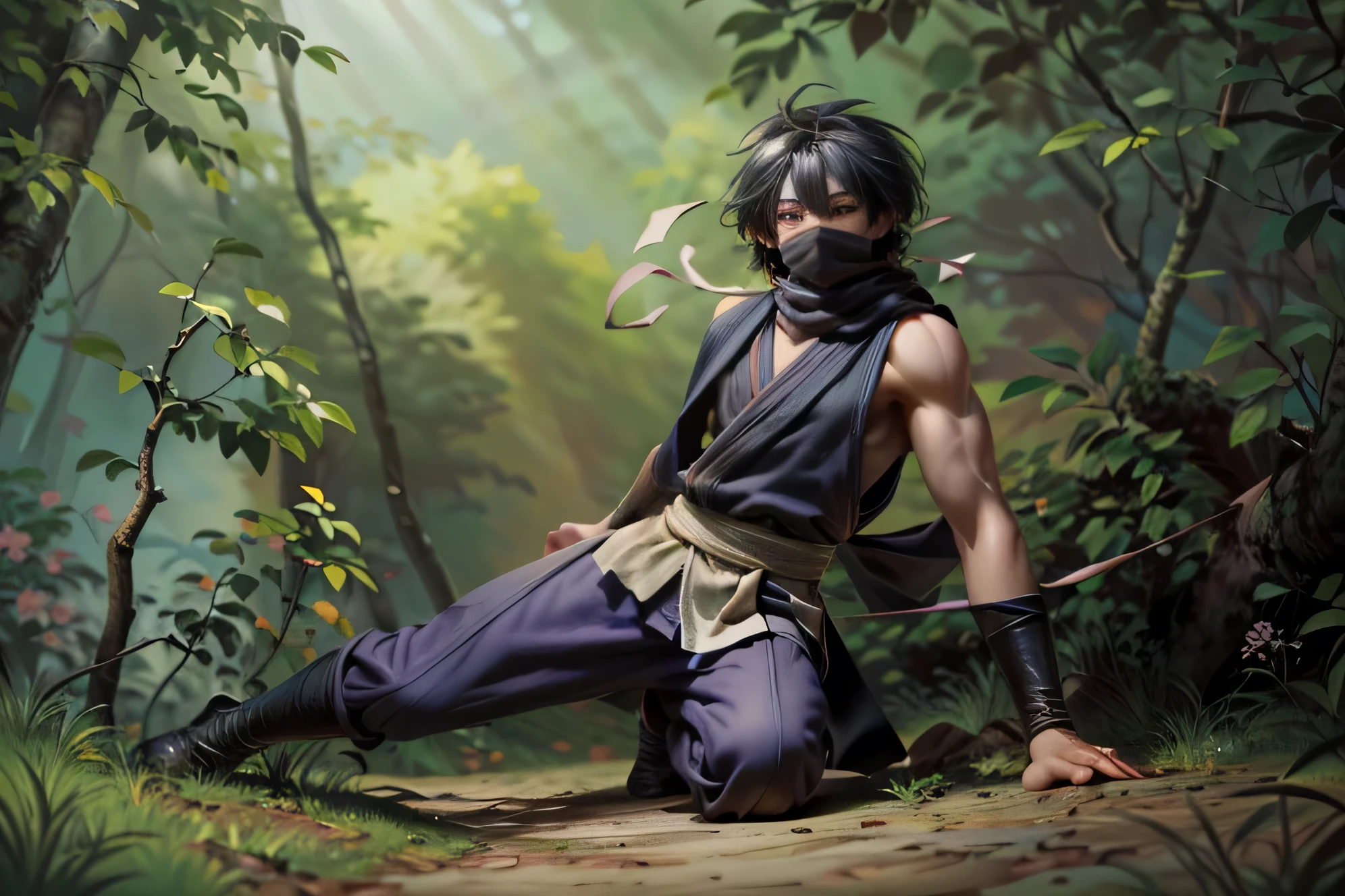 ((Best quality, 8k, 32k, Masterpiece, UHD:1.2), "Transform the setting into a dynamic forest scene featuring a ninja leaping gracefully above the treetops. The trees are tall and dense, with their canopies forming a lush, green tapestry that filters the sunlight into dappled patterns on the forest floor below. The ninja is captured mid-leap, their form shrouded in a sleek, dark outfit that blends seamlessly with the shadows. A flowing scarf or sash trails behind them, emphasizing the motion and speed of their leap.

The trees are depicted with intricate detail, from the rough bark of the trunks to the delicate, overlapping leaves that sway in the wind. Some branches bend slightly under the weight of the ninja's previous landing, while others are obscured in a mist that adds an air of mystery to the setting. The background shows a faint hint of rolling mountains and a sunrise or sunset sky painted in hues of orange, pink, and purple, adding depth to the scene.

The atmosphere is alive with the sounds of the forest—chirping birds, rustling leaves, and the distant rush of a stream. Subtle motion lines or faint trails of leaves disturbed by the ninja’s passage highlight the fluidity of their movement, creating an image full of energy and stealth."