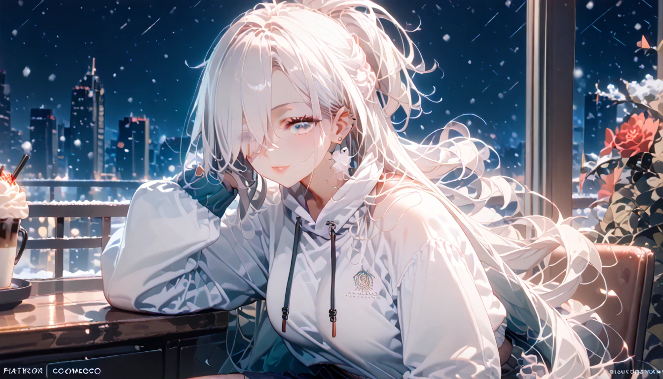  kobo kanaeru, ((masterpiece:1.4, best quality:1.2)), 1girl, solo focus, beautiful skin, white sweatshirt, long white hair, sitting, earrings, piercing, coffee shop window, night, snowing, cityscape, tall female, beautiful and delicate female, comfy ambience, {correct posing}, {detailed background}, a miniskirt, hair over one eye