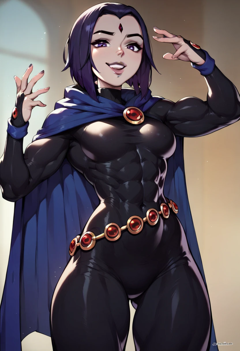 score_9, score_8_up, score_7_up, score_6_up, raven, looking up, thick lips, happy , muscular body, (small breasts)), extra muscular arms, muscular thighs, wearing a black bodysuit